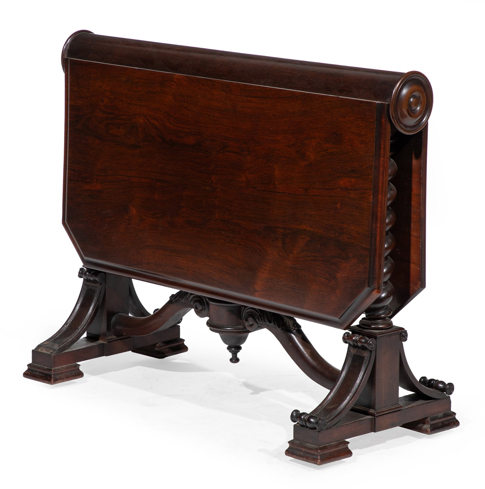 American Carved Rosewood Sunderland Table: American Carved Rosewood Sunderland Table 19th c., New York, drop leaves on cylinder center, ?butterfly? leaf supports, twist turned supports, trestle base, OPEN 29 x 35 x 37 in. (73.7 x 88.9 x 94 cm.