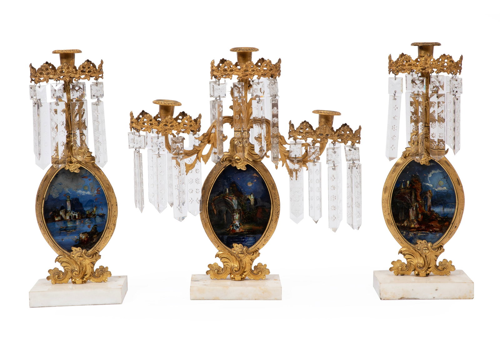 American Gilt Bronze, Eglomise, White Marble and Cut Glass Three-Piece Girandole Garniture (1 of 7)
