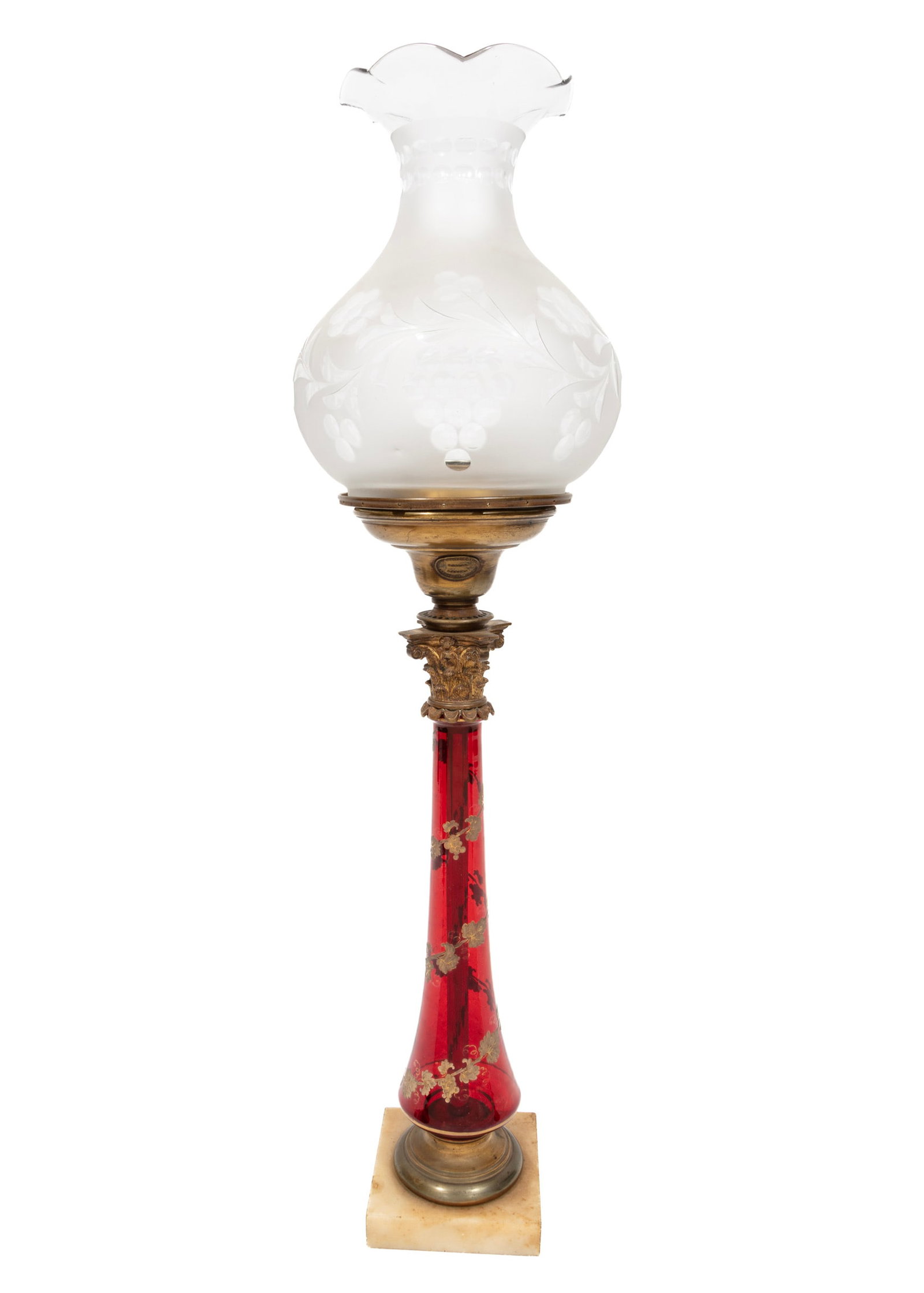 American Gilt Brass and Gilt Decorated Ruby Glass Solar Lamp: American Gilt Brass and Gilt Decorated Ruby Glass Solar Lamp c. 1845, labeled Cornelius & Co., Phil., on marble base, ruffled shade, lacking burner, h. 32 in.