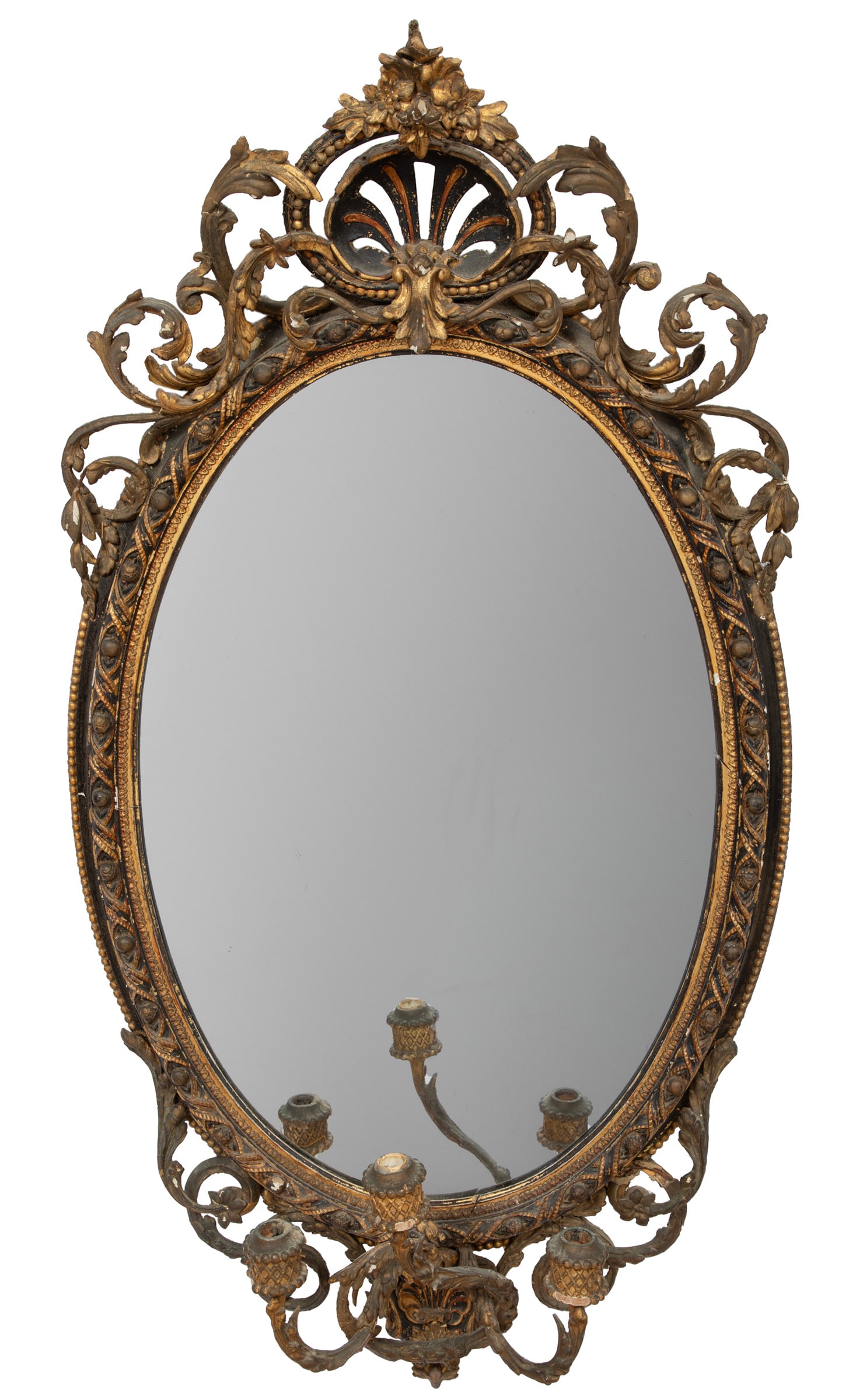 Continental Giltwood Three-Light Girandole Mirror: Continental Giltwood Three-Light Girandole Mirror Provenance: Estate of Elizabeth Lemmon Minor Brinkley?? 53 x 28 x 9 in. (134.6 x 71.1 x 22.9 cm.)