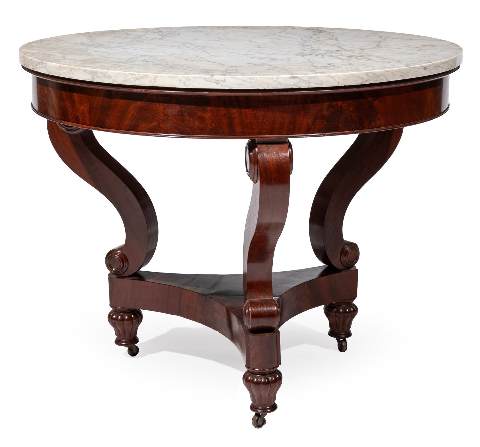 Duncan Phyfe American Classical Figured Mahogany Center Table: American Classical Figured Mahogany Center Table early 19th c., New York, attributed to Duncan Phyfe or workshop of Duncan Phyfe, white marble top, molded frieze, scroll supports, incurvant triangular