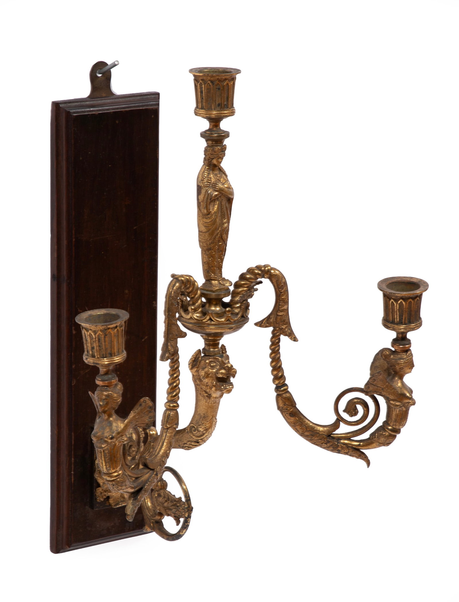 Regency Gilt Bronze Figural Three-Light Sconce: Regency Gilt Bronze Figural Three-Light Sconce, 19th c., now mounted to wood back panel 15 1/2 x 10 x 9 1/2 in. (39.4 x 25.4 x 24.1 cm.)