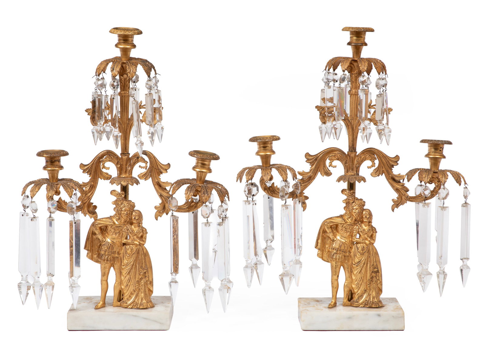 Pair of American Gilt Brass and White Marble Three-Light Girandoles: Pair of American Gilt Brass and White Marble Three-Light Girandoles mid-19th c., cast with ?Elizabethan couple?, hung with Albert prisms, h. 19 in., w. 13 1/2 in., d. 4 1/2 in.