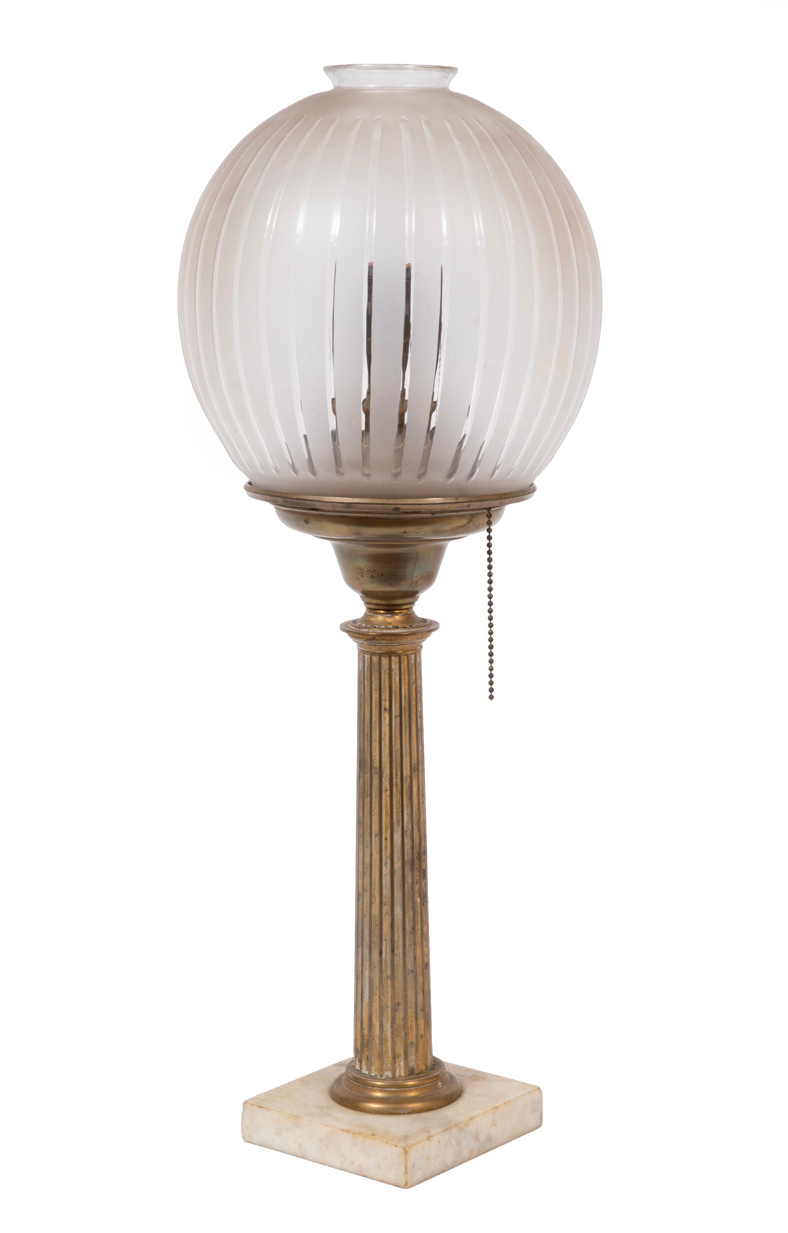 American Gilt Brass, White Marble and Frosted and Cut Glass Solar Lamp: American Gilt Brass, White Marble and Frosted and Cut Glass Solar Lamp mid-19th c., fluted columnar standard, globe shade with vertical ribbing, electrified, h. 24 in.