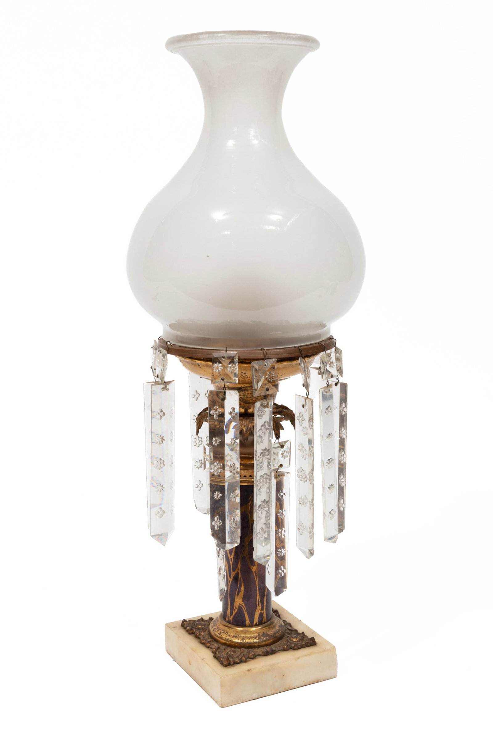 American Gilt and Damascene Brass, White Marble and Frosted Glass Prism-Hung Solar Lamp (1 of 2)