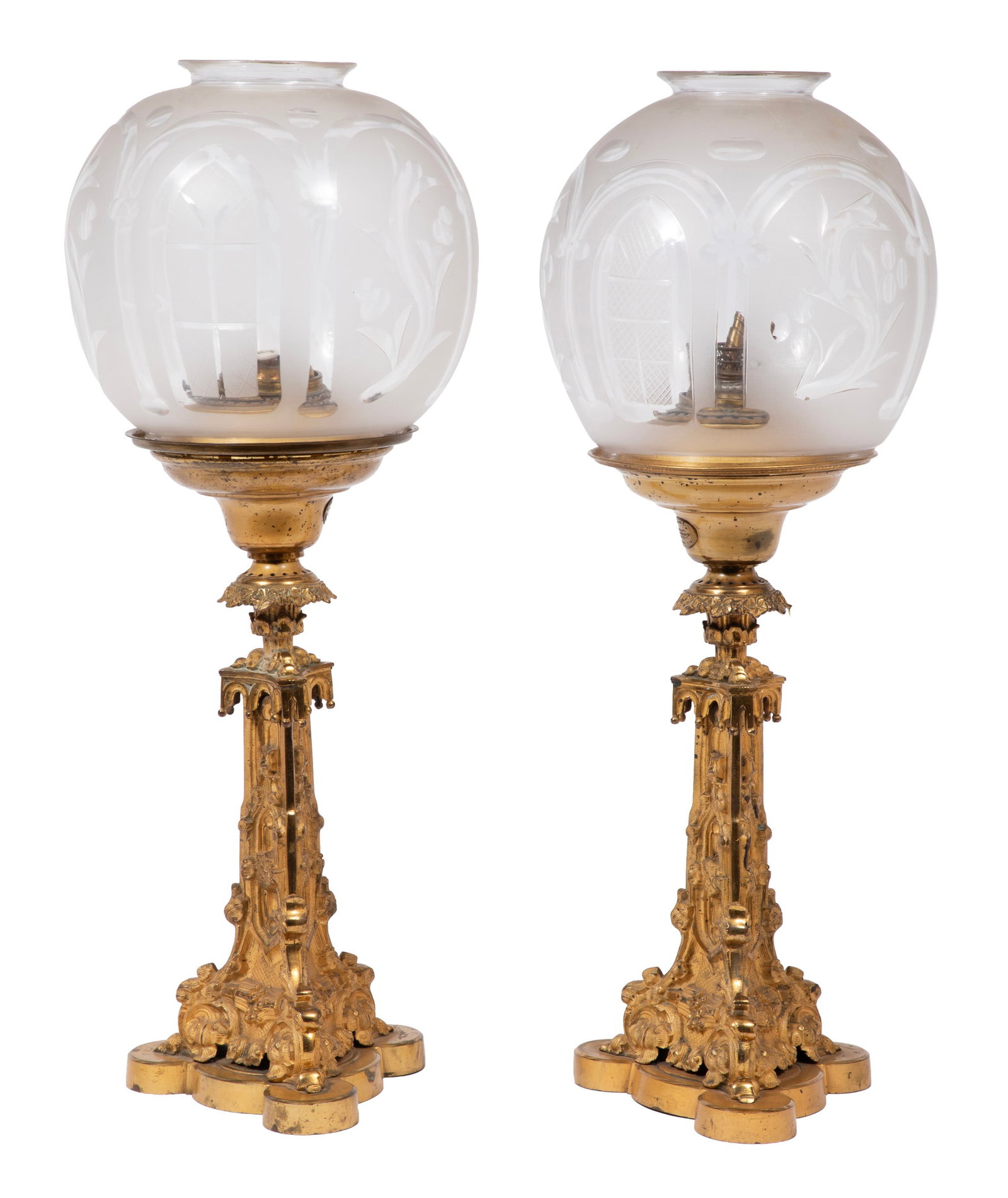 Pair of American Gilt Bronze and Brass and Frosted and Cut Glass Solar Lamps: Pair of American Gilt Bronze and Brass and Frosted and Cut Glass Solar Lamps , mid-19th c., in the Gothic taste, labeled ?Cornelius & Co./Philad./Patent/April 18th, 1843,? tripartite standards with Go