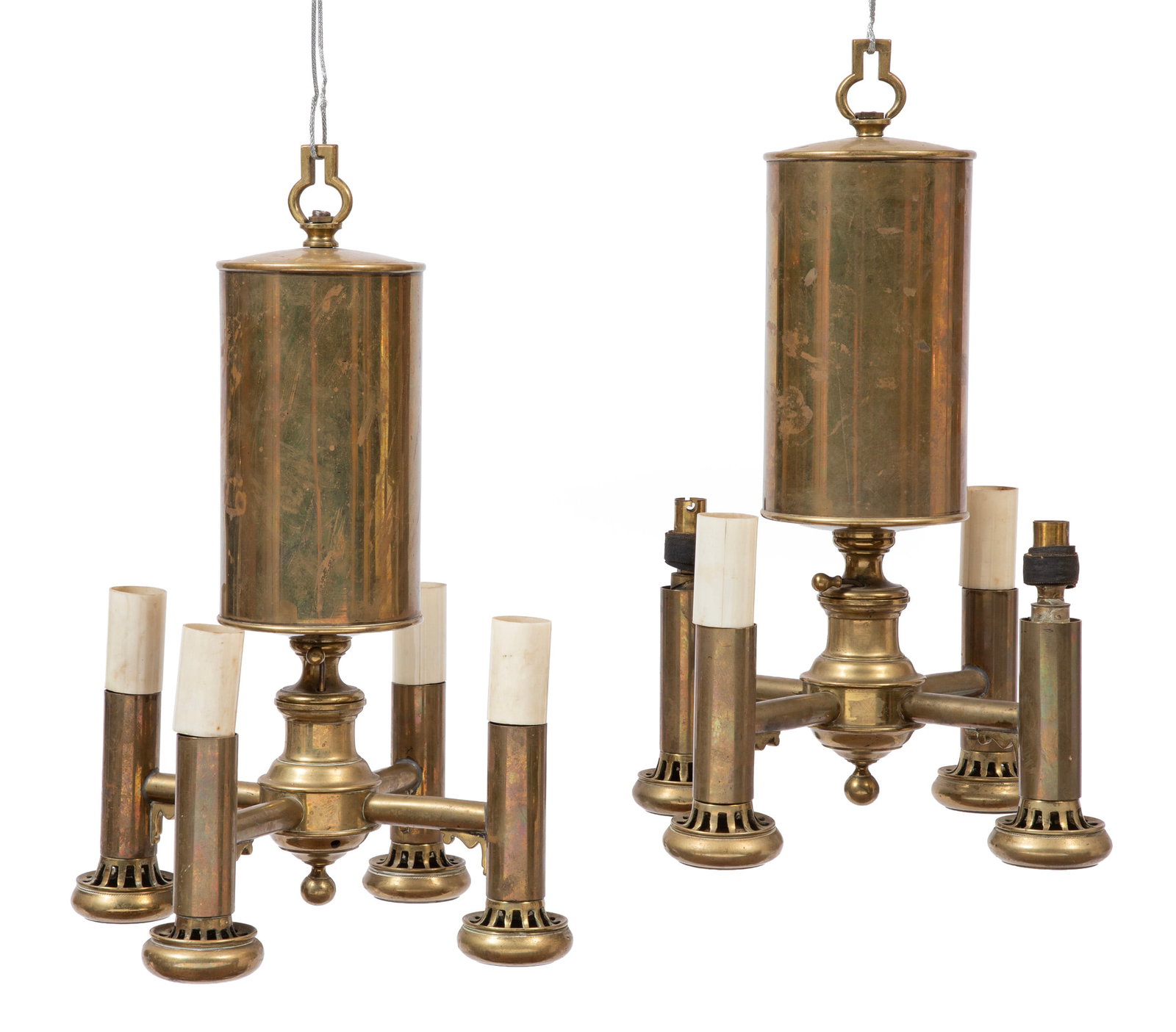 Pair of American Brass Argand Four-Light Hanging Lamps (1 of 2)