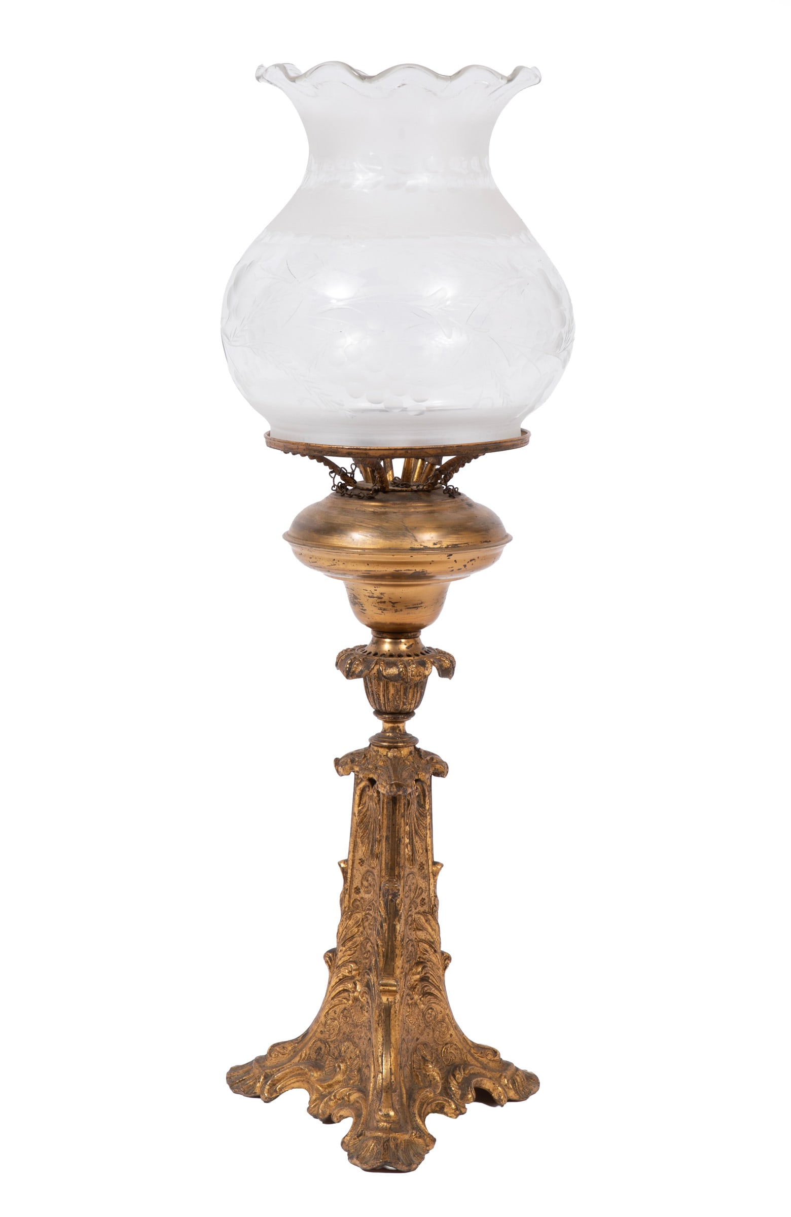American Rococo Gilt Bronze, Brass and Frosted and Cut Glass Solar Lamp: American Rococo Gilt Bronze, Brass and Frosted and Cut Glass Solar Lamp mid-19th c., tripartite incurvate standard with foliate scroll decoration, burner mechanism with six wick holders intact,
