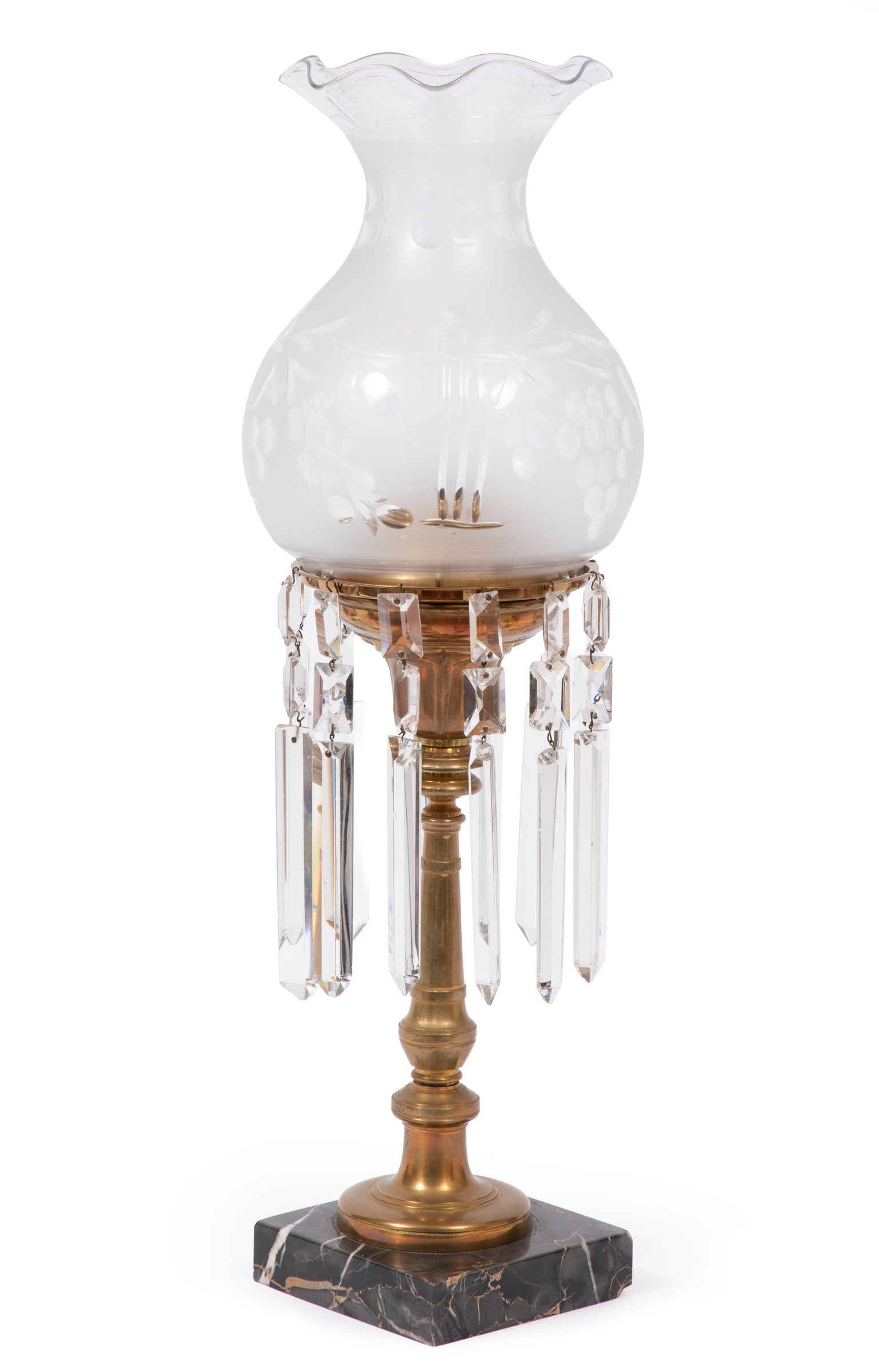 American Gilt Brass, Brocatello Marble and Frosted and Cut Glass Prism-Hung Solar Lamp: American Gilt Brass, Brocatello Marble and Frosted and Cut Glass Prism-Hung Solar Lamp mid-19th c., baluster ring-turned standard, baluster shade with flared ruffled rim and floral decoration, plain