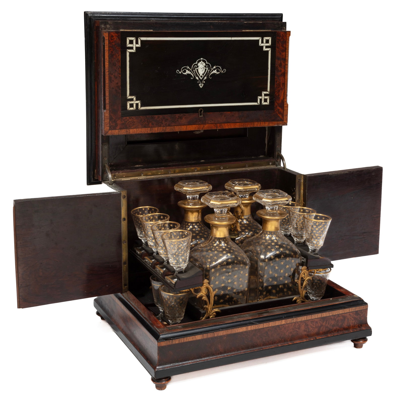 Antique French Parcel Ebonized and Inlaid Cave a Liqueur: Antique French Parcel Ebonized and Inlaid Cave a Liqueur c. 1900, fitted interior with lift-out tray, with four decanters, and twelve cordials 12 x 14 x 11 in. (30.5 x 35.6 x 27.9 cm.)