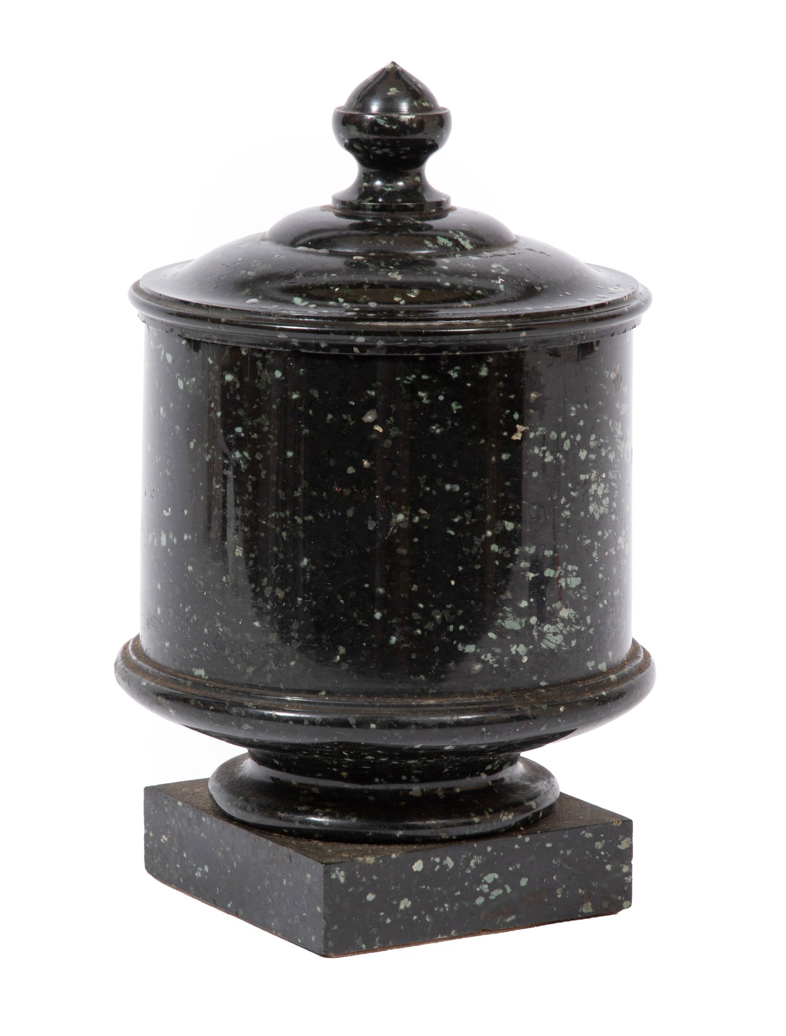 Neoclassical-Style Black and Green Marble Lidded Urn: Neoclassical-Style Black and Green Marble Lidded Urn cylindrical on socle and plinth base h. 10 ? in., dia. 6 3/4 in.