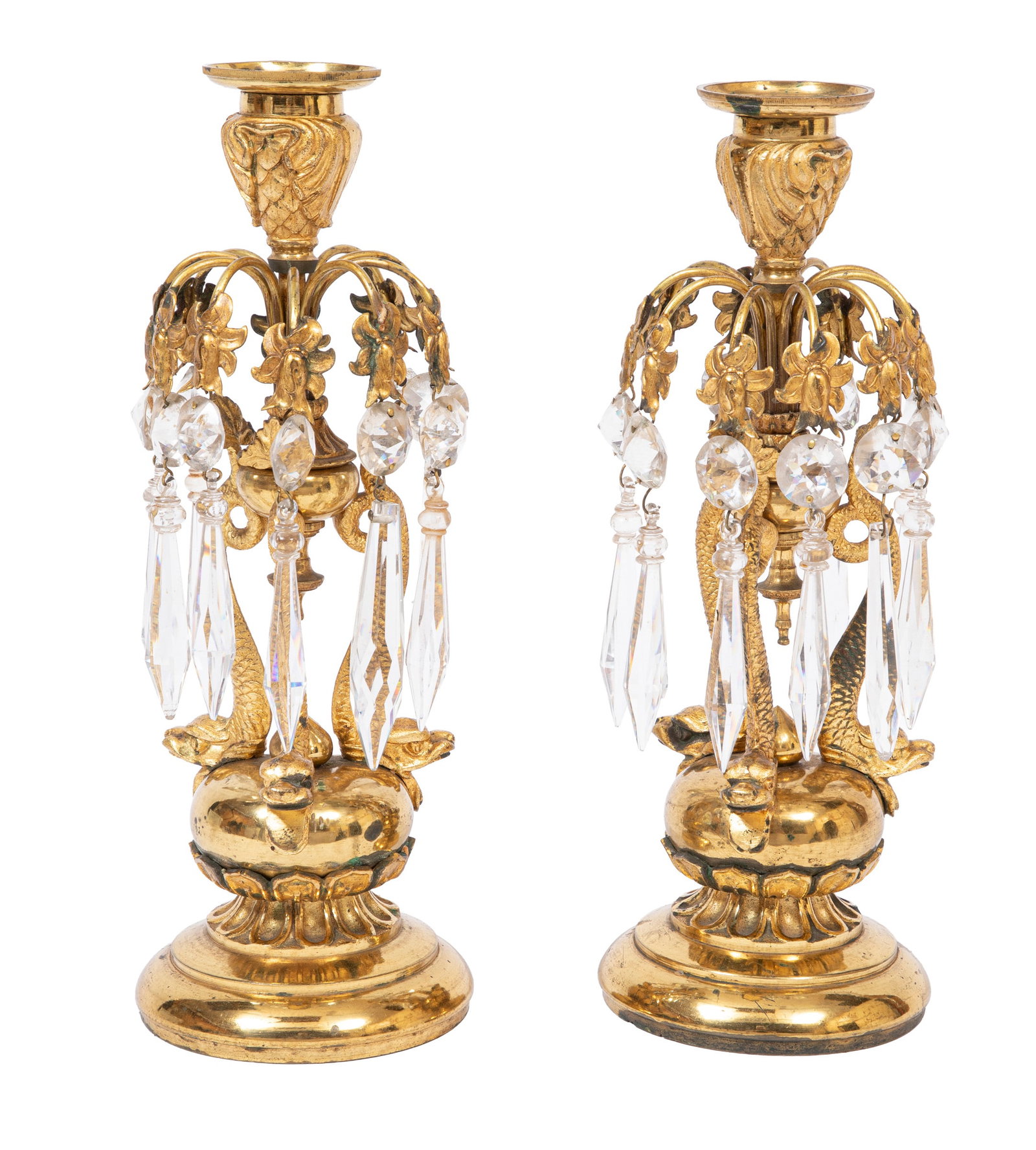 Pair of Regency Gilt Brass Dolphin Form Candlesticks: Pair of Regency Gilt Brass Dolphin Form Candlesticks 19th c., hung with button and pointed prisms, h. 10 in.