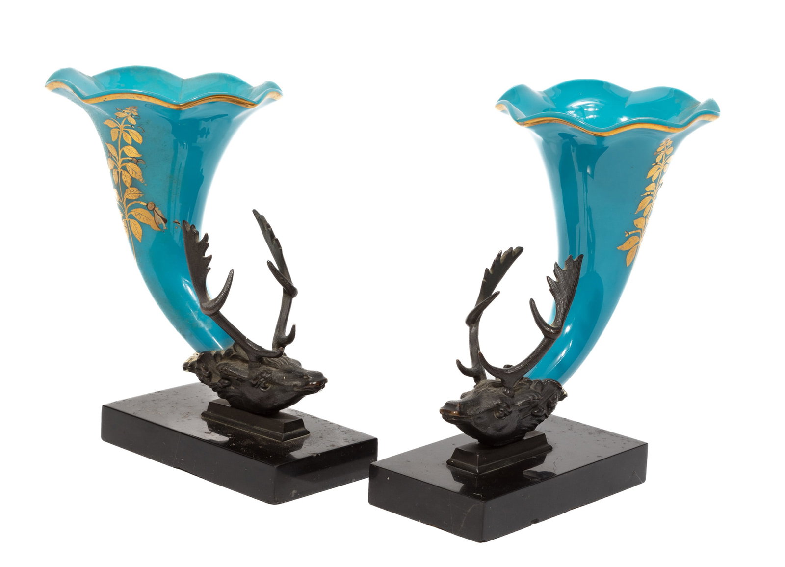 Pair of Victorian Turquoise Glass and Bronze Elk Head Rhyton Garniture Vases: Pair of Victorian Turquoise Glass and Bronze Elk Head Rhyton Garniture Vases late 19th c., on slate base 7 x 7 x 4 1/4 in. (17.8 x 17.8 x 10.8 cm.)