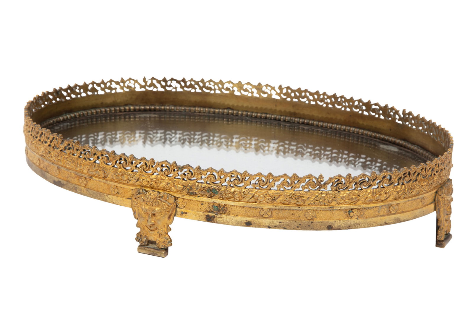 Diminutive French Neoclassical Gilt Bronze Plateau: Diminutive French Neoclassical Gilt Bronze Plateau mid-19th c., ovoid, Bacchus mask feet, w. 12 ? in.