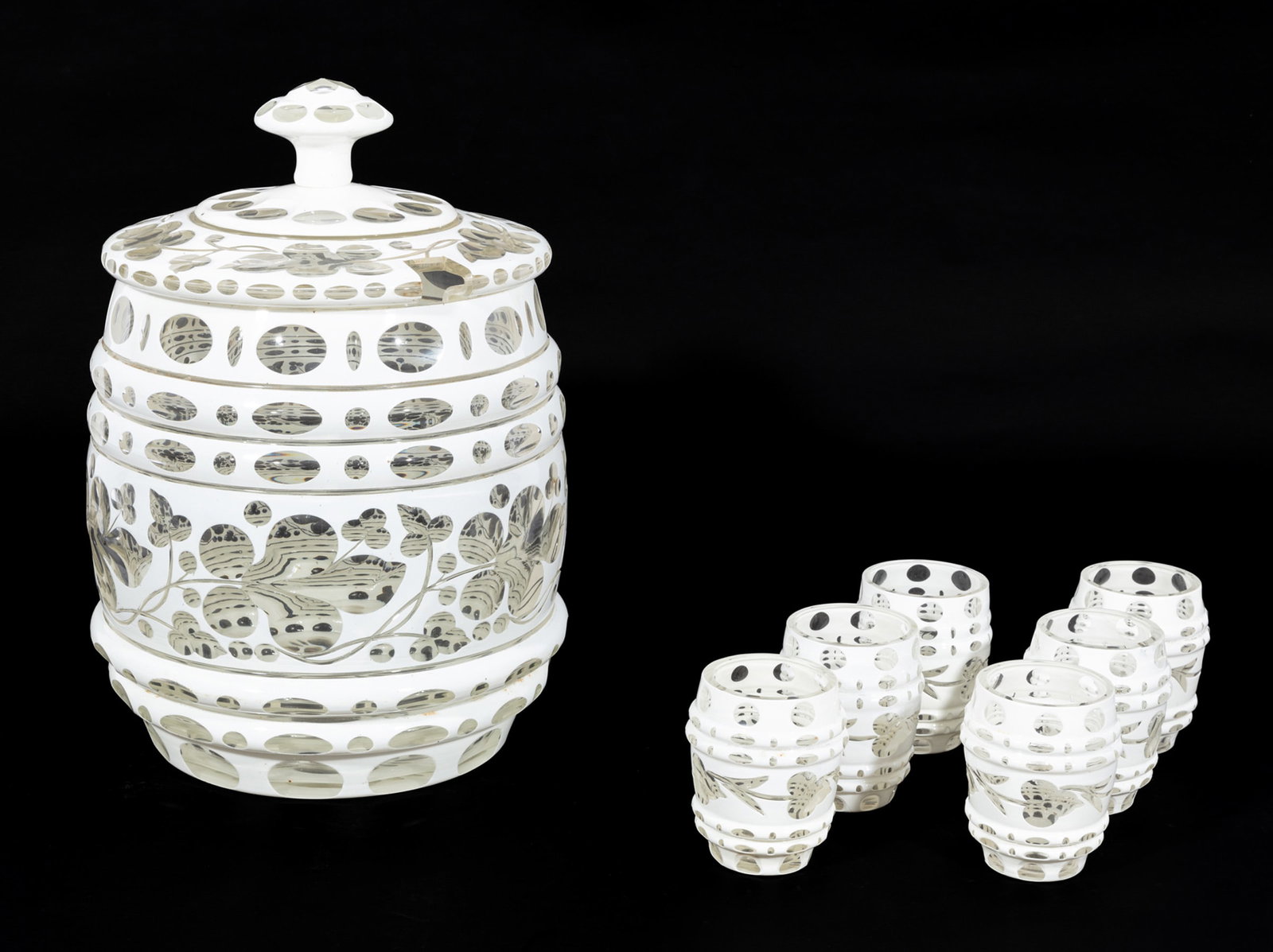Bohemian White Cut-to-Clear Glass Punch Bowl & Glasses: Bohemian White Cut-to-Clear Glass Punch Bowl & Glasses h. 13 in., dia. 8 1/2 in., with six tumblers, h. 3 1/4 in. (8 pcs.)