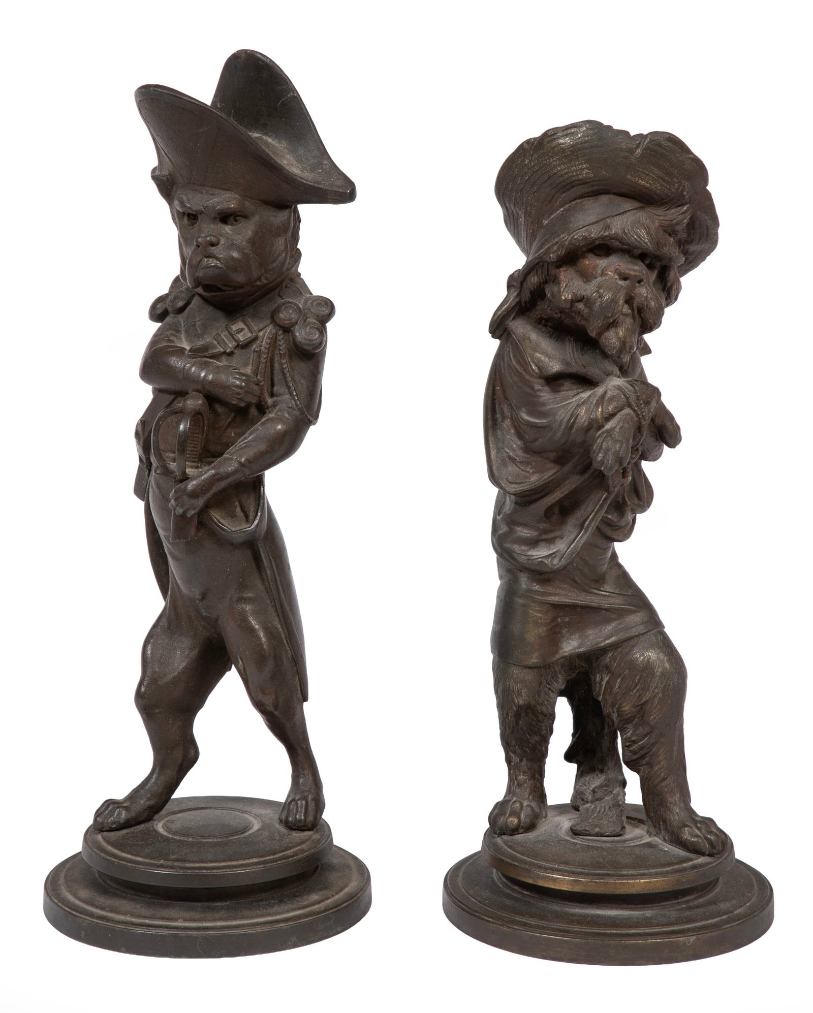 Pair of Antique Bronze Figural Novelty Candlesticks: Pair of Antique Bronze Figural Novelty Candlesticks 19th c., one modelled as a pug in naval officer attire, the other as a captured terrier pirate with bound wrists, on stepped circular bases, h. 11 i