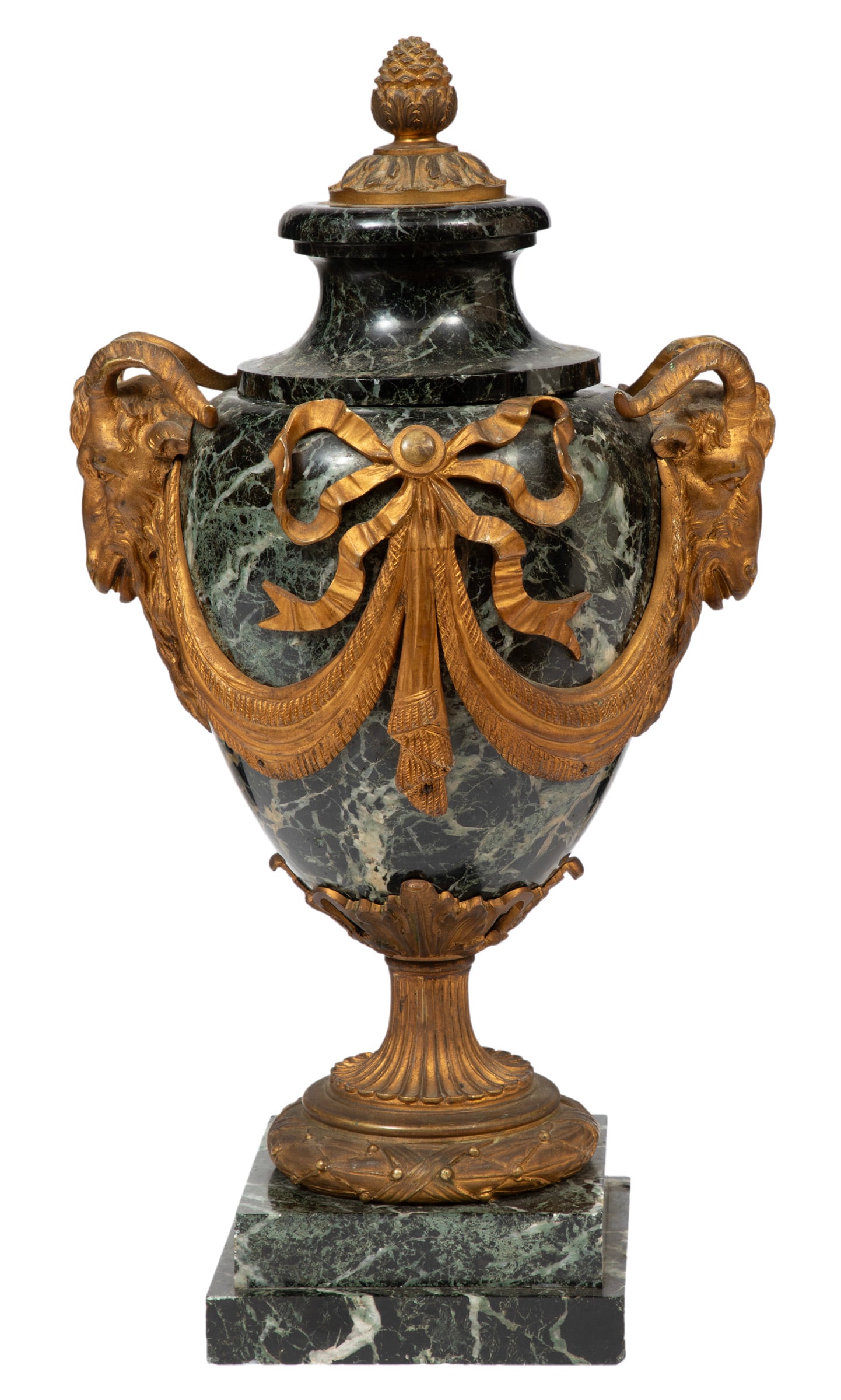 Empire-Style Bronze-Mounted Marble Urn: Empire-Style Bronze-Mounted Marble Urn ram's head handles 21 x 11 x 8 1/2 in. (53.3 x 27.9 x 21.6 cm.)