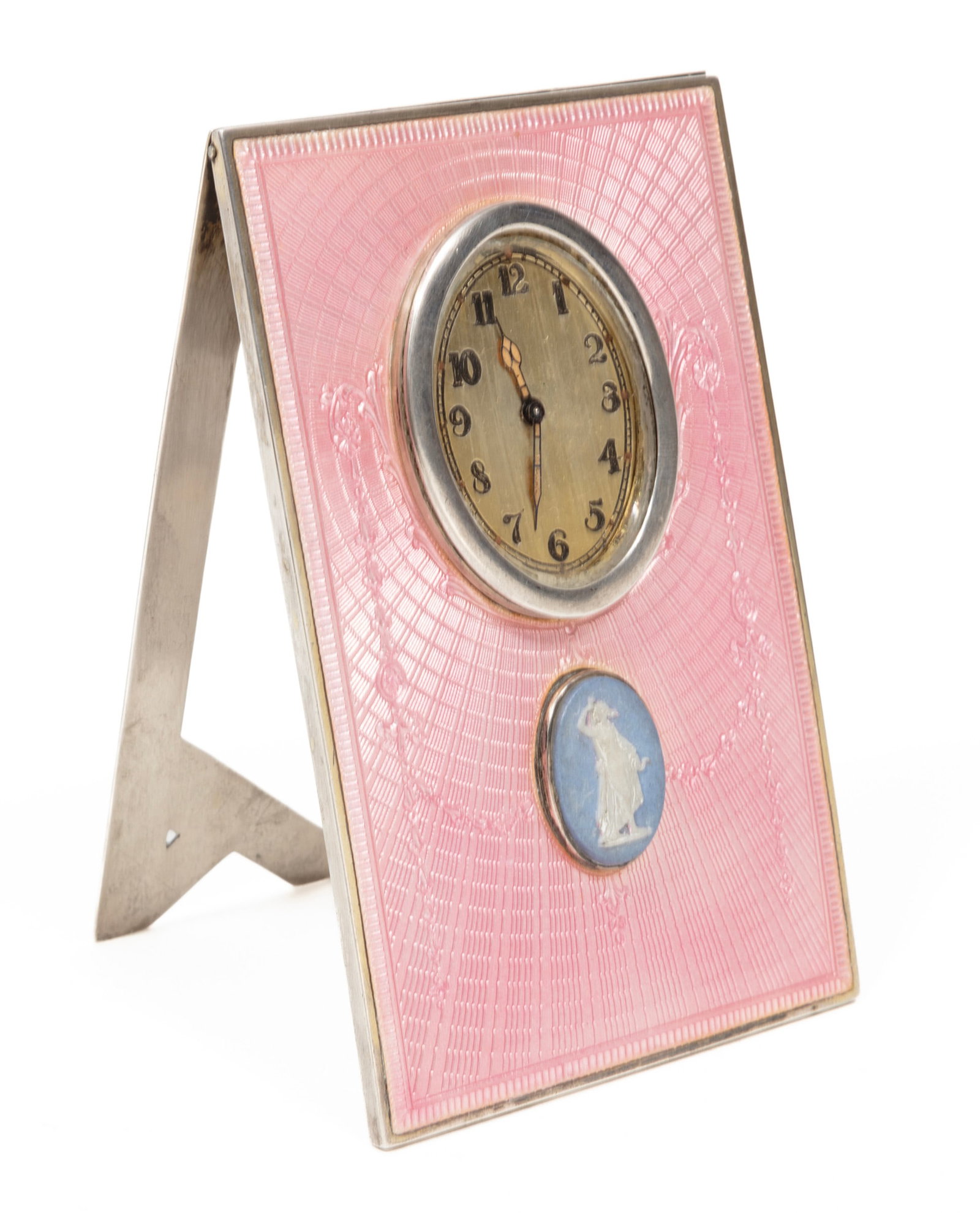 Sterling Silver and Pink Guilloche Enamel Lady's Desk Clock: Sterling Silver and Pink Guilloche Enamel Lady's Desk Clock, probably early 20th c., set with jasperware cameo, fitted with clock marked "MAJESTIC WATCH Co/SWISS/6556," easel back. Height 5 1/4 in., w