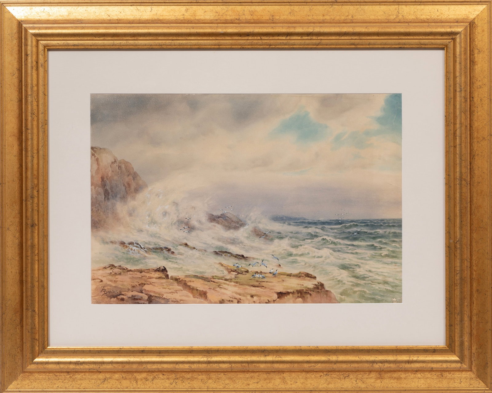 Alfred Thompson Bricher, American/New Hampshire 1837-1908, "Crashing Waves", watercolor on paper: Alfred Thompson Bricher American/New Hampshire, 1837-1908 "Crashing Waves" watercolor on paper signed and inscribed "234" lower left, inscribed en verso, framed. Provenance: Collection of Cynthia A. S