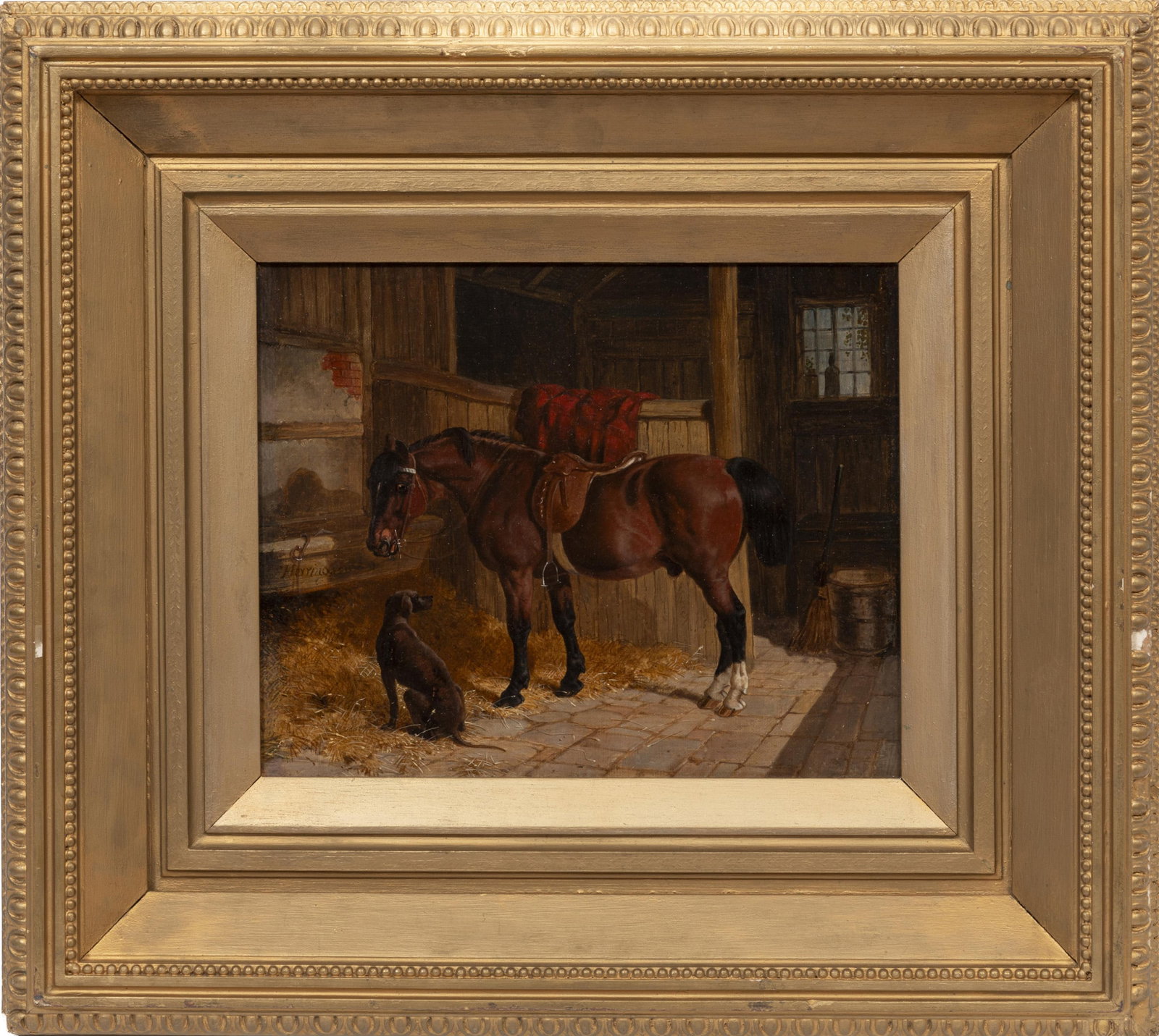 John Frederick Herring, Jr., British 1815-1907, "Bay and Hound in a Barn Stall", oil on canvas (1 of 2)