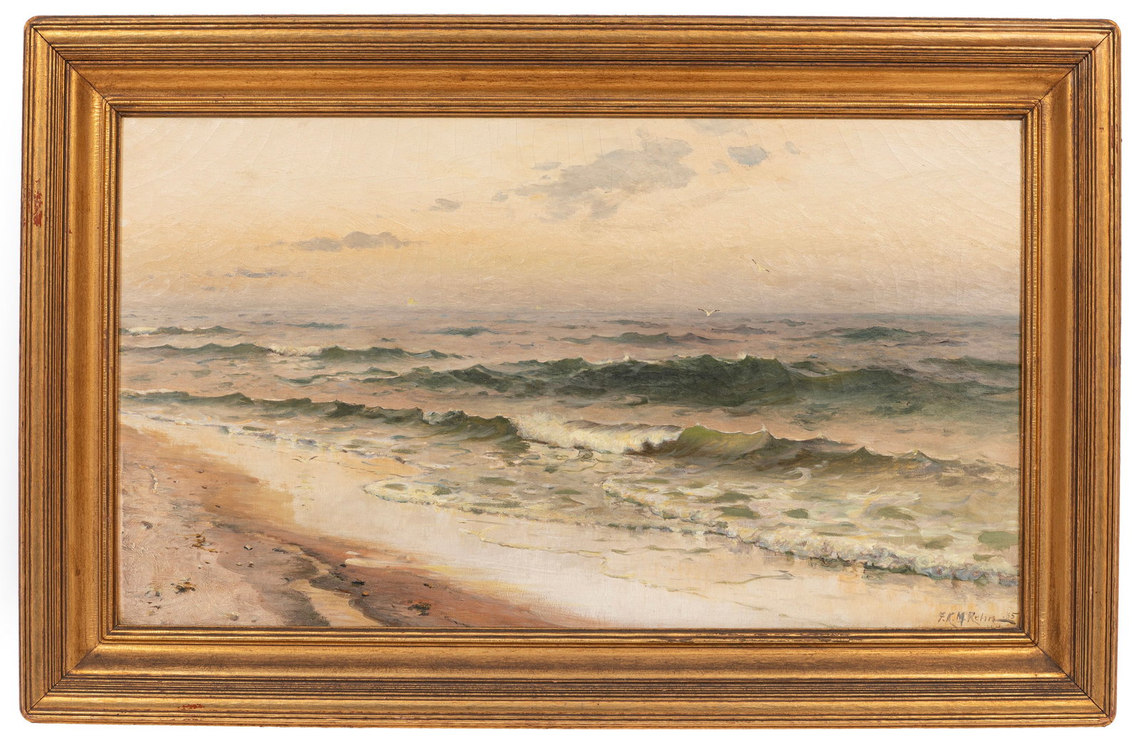 Frank Knox Morton Rehn, American 1848-1914, "Seashore, N.Y.", oil on canvas: Frank Knox Morton Rehn American, 1848-1914 "Seashore, N.Y." oil on canvas 1885, signed, dated and inscribed "N.Y." lower right, handwritten "Louisville Exhibition" label on stretcher, framed. 16 x 28 