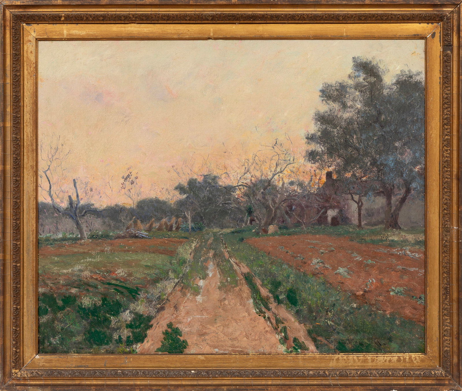 William Lamb Picknell, American/Massachusetts 1853-1897, "Old Farm", oil on canvas: William Lamb Picknell American/Massachusetts, 1853-1897 "Old Farm" oil on canvas signed lower right, partial title on stretcher, framed. 22 1/4 x 27 3/8 in. (56.5 x 69.5 cm.), Frame: 26 5/8 x 31 5/8 x