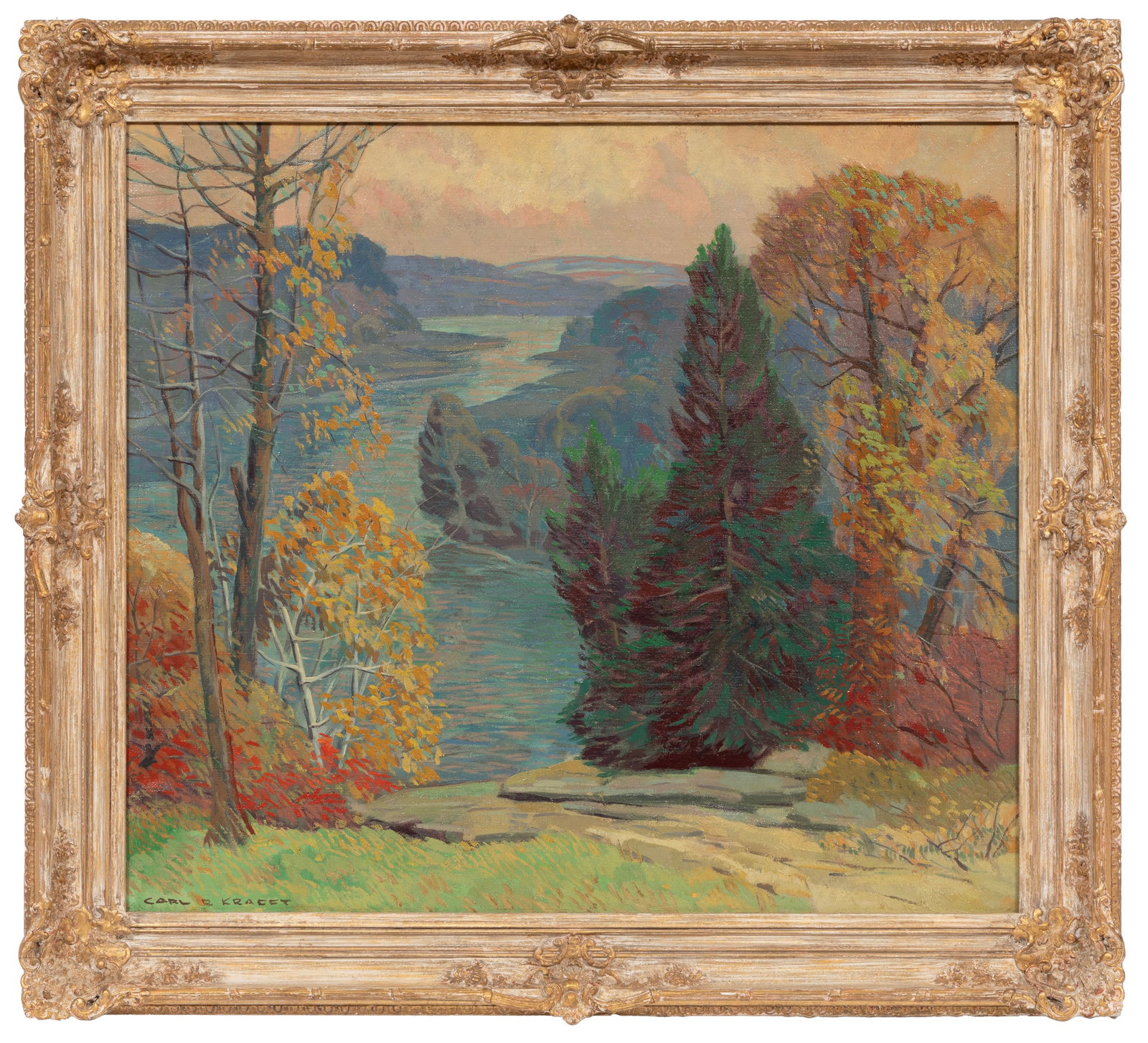 Carl Krafft, American/Illinois 1884-1938, "River Bend", oil on canvas: Carl Krafft American/Illinois, 1884-1938 "River Bend" oil on canvas signed lower left, handwritten label with title on stretcher, typed artist biography en verso, framed. 24 x 27 1/8 in. (61 x 68.9 cm