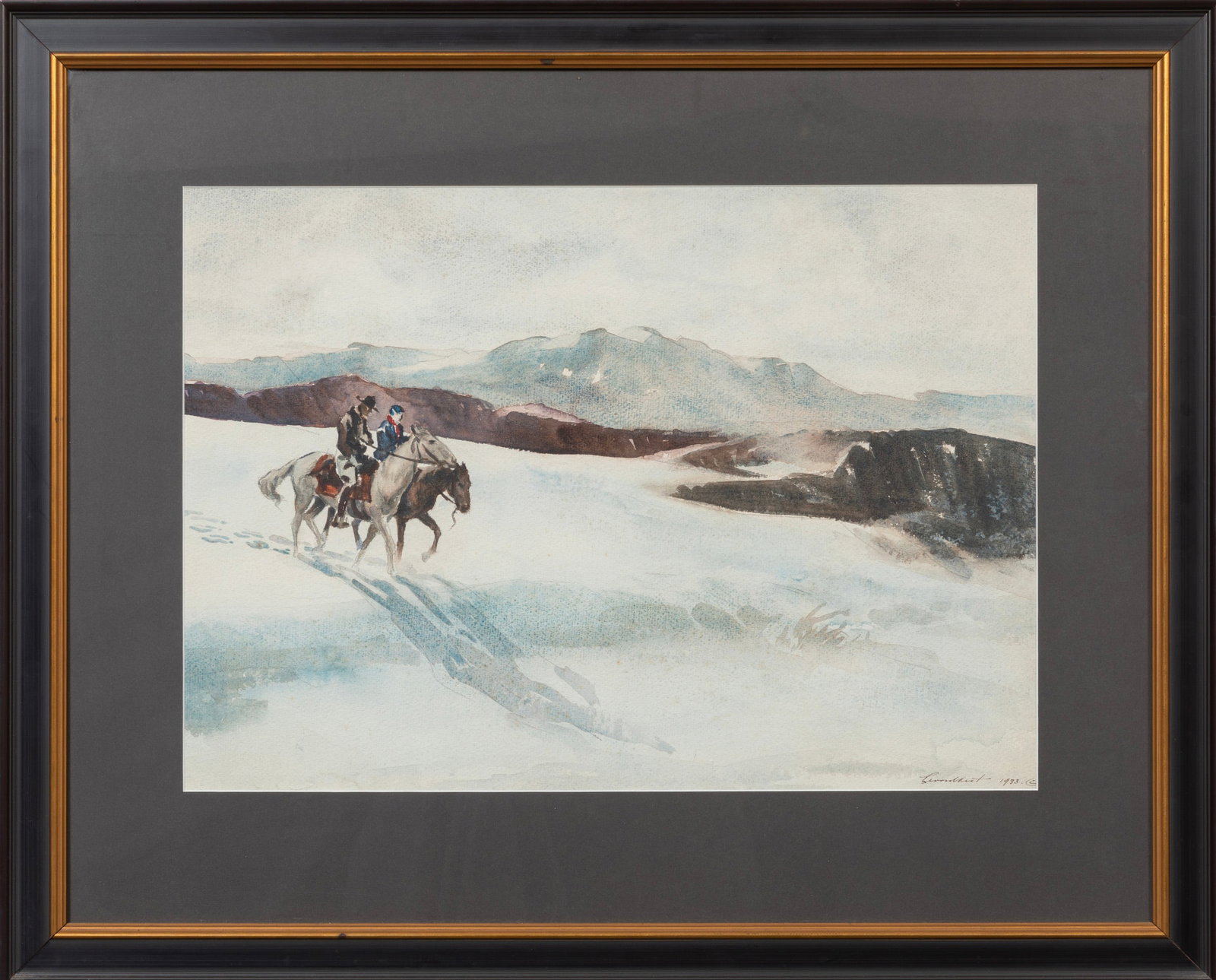 Levon West, American/New York 1900-1968, "Ride through Snowy Mountains", watercolor and graphite on: Levon West American/New York, 1900-1968 "Ride through Snowy Mountains" watercolor and graphite on paper 1933, signed and dated lower right, framed. Provenance: Collection of Cynthia A. Samuel, New Orl