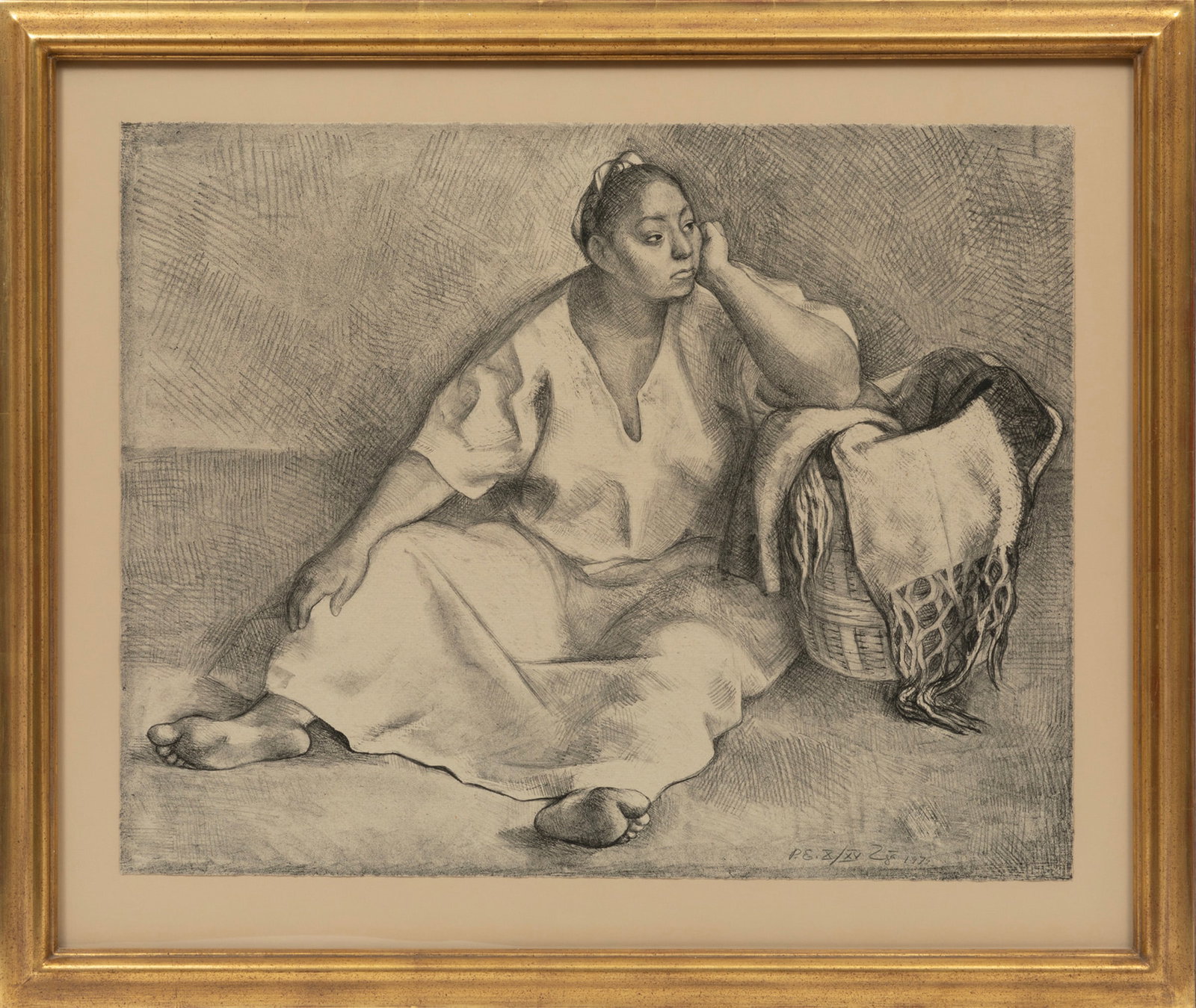 Francisco Zuniga, Costa Rican/Mexico 1912-1998, ?Mujer con Canasto (El Estado Dos)", lithograph on: Francisco Zuniga Costa Rican/Mexico, 1912-1998 ?Mujer con Canasto (El Estado Dos)" lithograph on paper 1979, signed, dated and numbered "P.E. X/XV" lower right, "Kyron" blind stamp lower right corner,