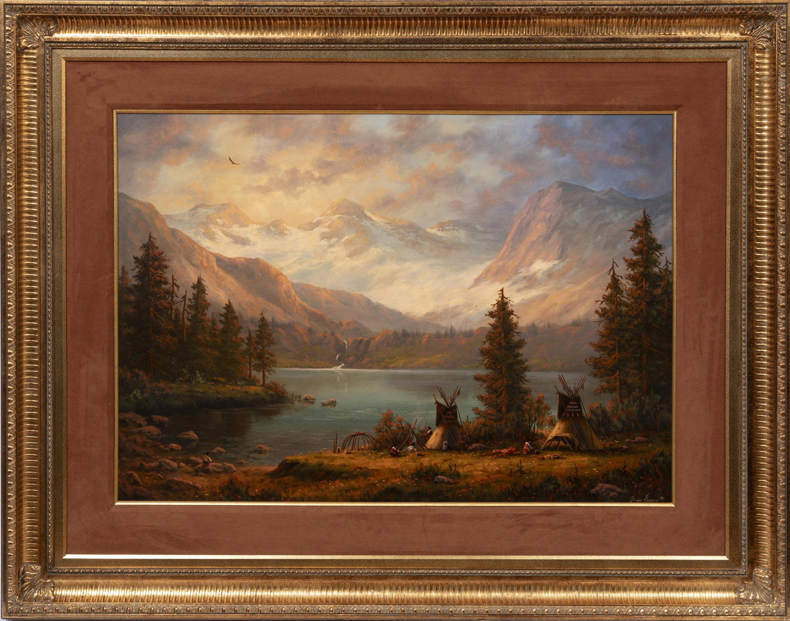 Heinie Hartwig, American/California b. 1937, "Montana Mountain Lake Encampment", oil on masonite (1 of 3)
