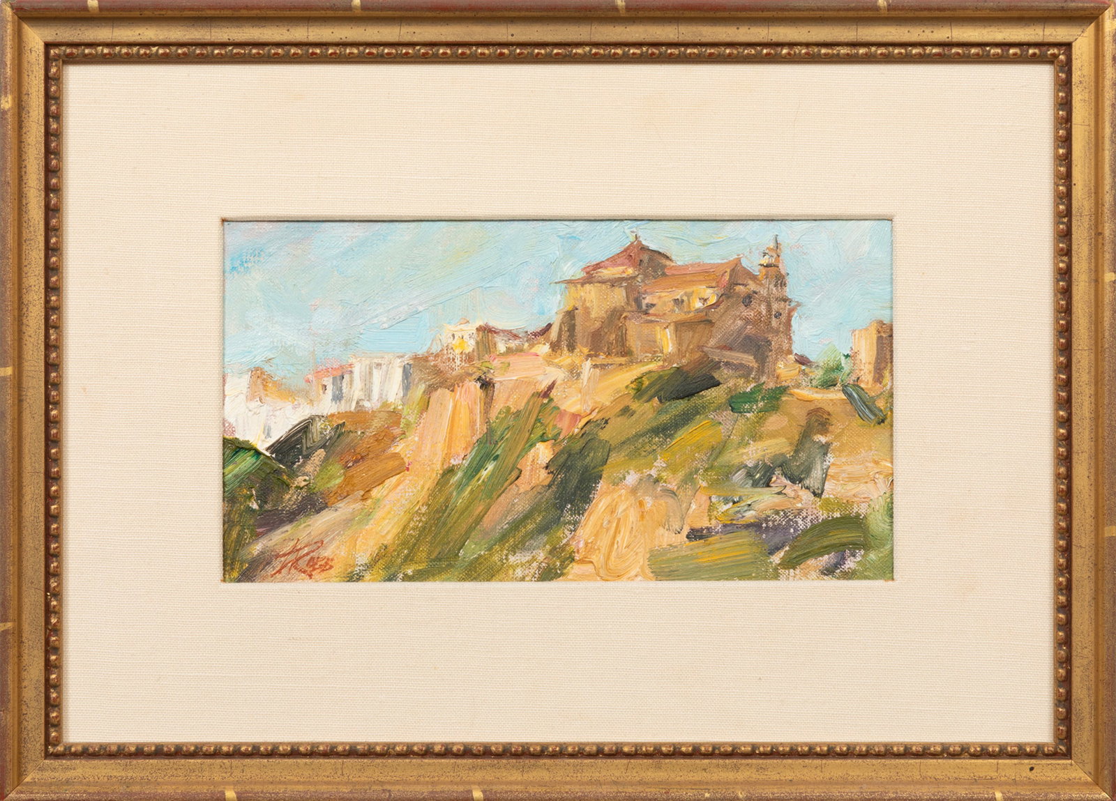 Laura Robb, American/New Mexico b. 1955, "Arcos de la Frontera", oil on canvas laid on panel: Laura Robb American/New Mexico, b. 1955 "Arcos de la Frontera" oil on canvas laid on panel 1991, signed lower left, signed, titled, dated and inscribed "Spain" on reverse of frame, "Nedra Matteucci Fi
