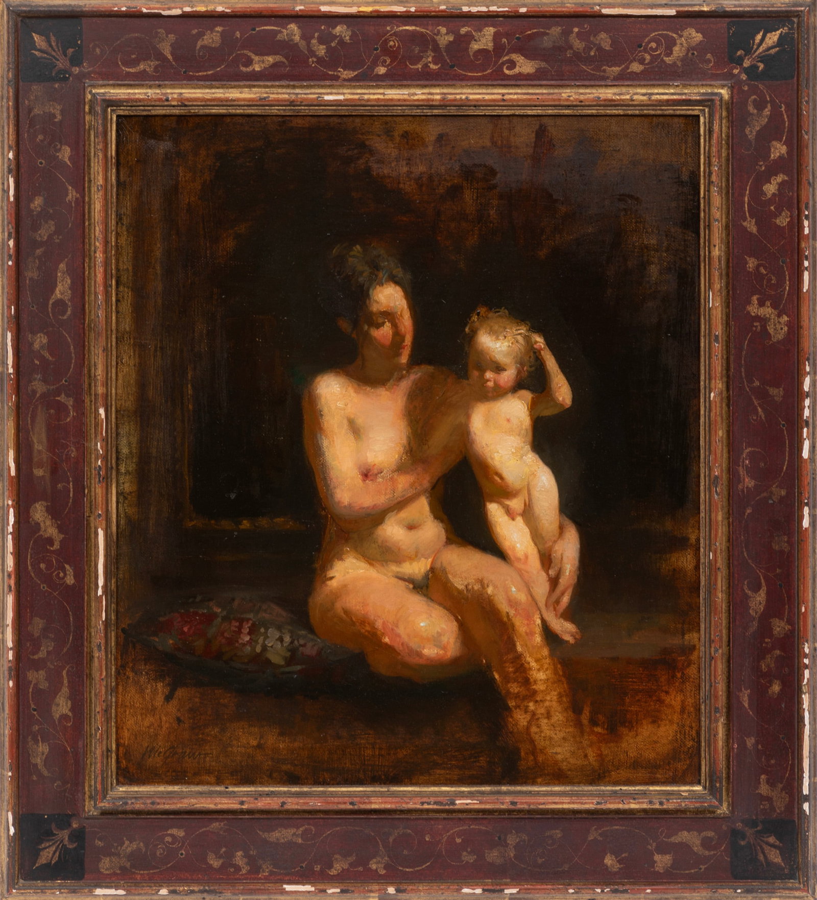 Sherrie McGraw, American/New York b. 1954, ?Leslie & Leon?, oil on canvas: Sherrie McGraw American/New York, b. 1954 ?Leslie & Leon? oil on canvas signed lower left, signed and titled on backing, framed. 16 1/4 x 14 1/4 in. (41.3 x 36.2 cm.), Frame: 21 3/8 x 19 3/8 x 1 1/4