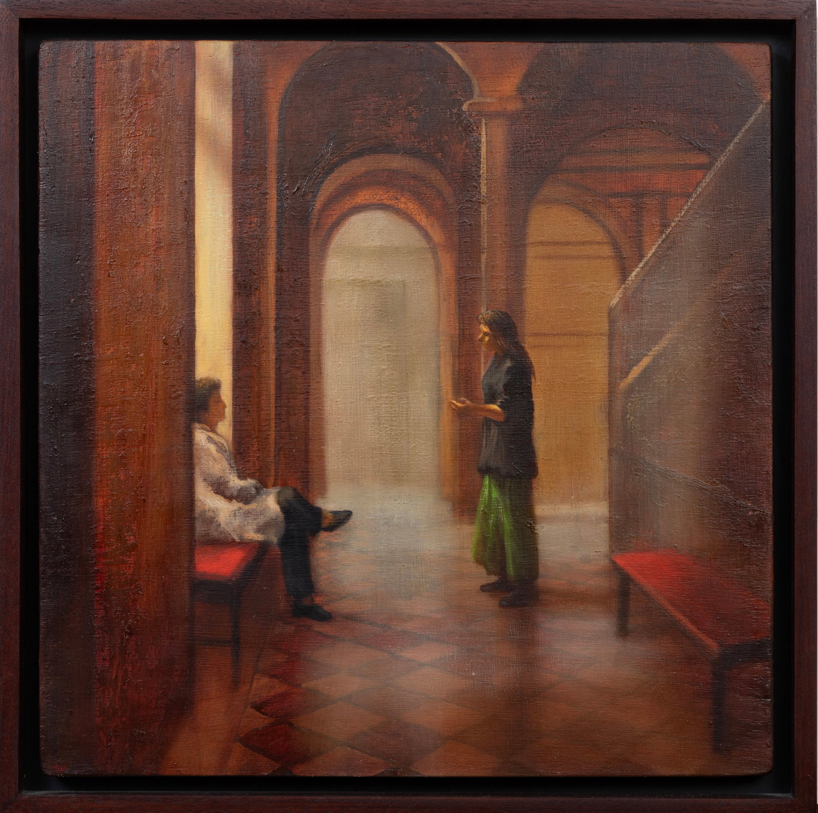 Scott Duce, American b. 1956, "The Theorist", oil and wax on panel: Scott Duce American, b. 1956 "The Theorist" oil and wax on panel 1994, initialed lower left, signed, titled, dated and "Phyllis Weil & Company, New York, NY" label with artist and title on backing,