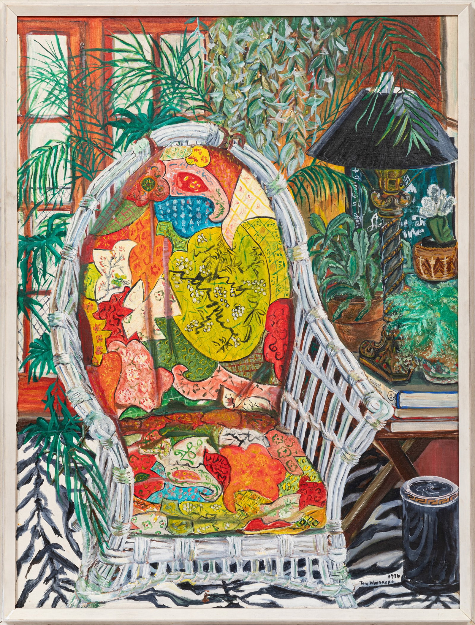 Thomas Woodruff, American/New York b. 1957, ?Garden Room?, oil on canvas: Thomas Woodruff American/New York, b. 1957 ?Garden Room? oil on canvas 1976, signed and dated lower right, remnant fabric en verso, framed. 40 x 30 in. (101.6 x 76.2 cm.), Frame: 42 1/4 x 32 1/4 x 2