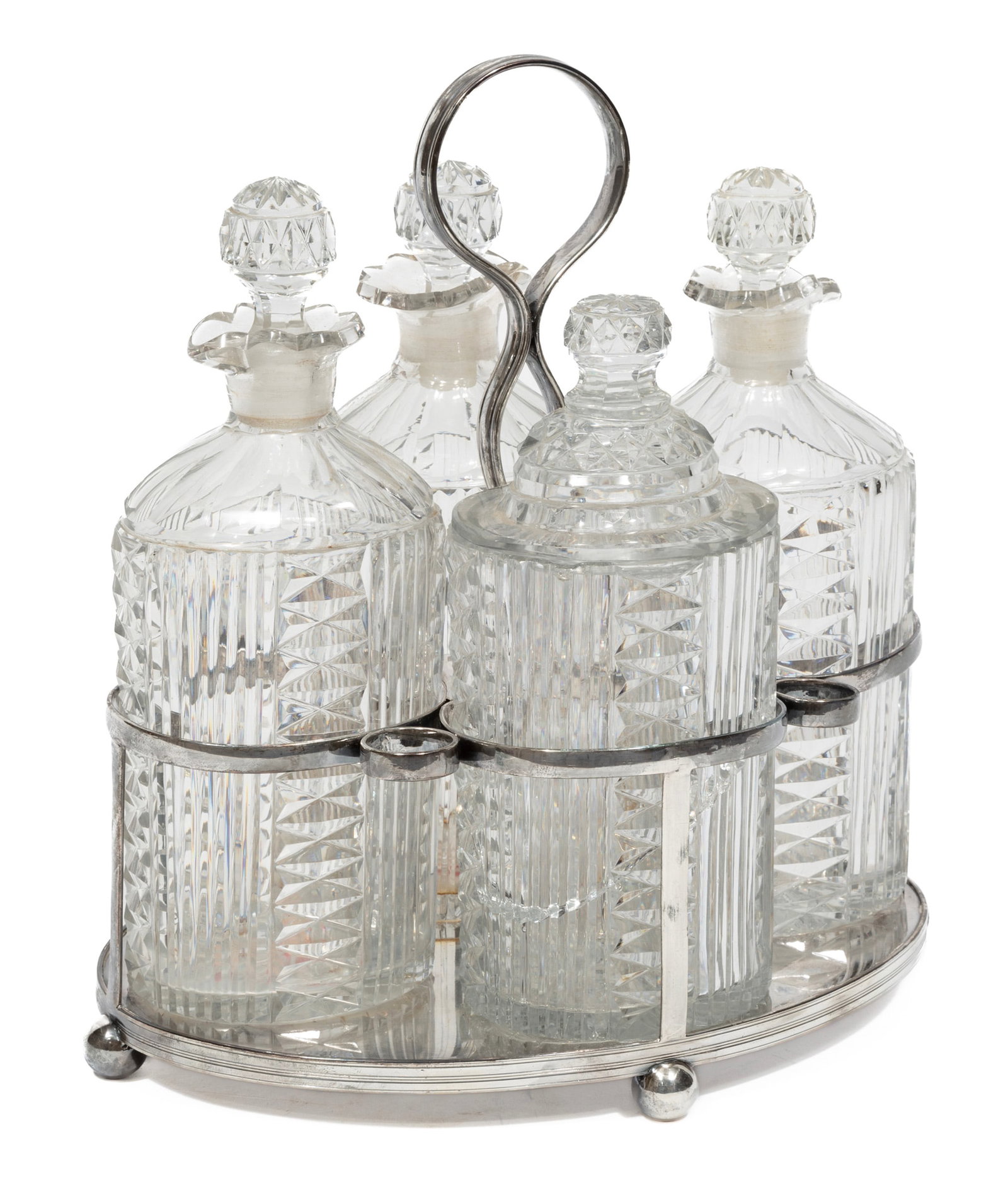 Georgian Sheffield Plate Decanter Stand: Georgian Sheffield Plate Decanter Stand, early 19th c., fitted with four cut glass decanters and stoppers, h. 10 in., w. 9 in. (check)