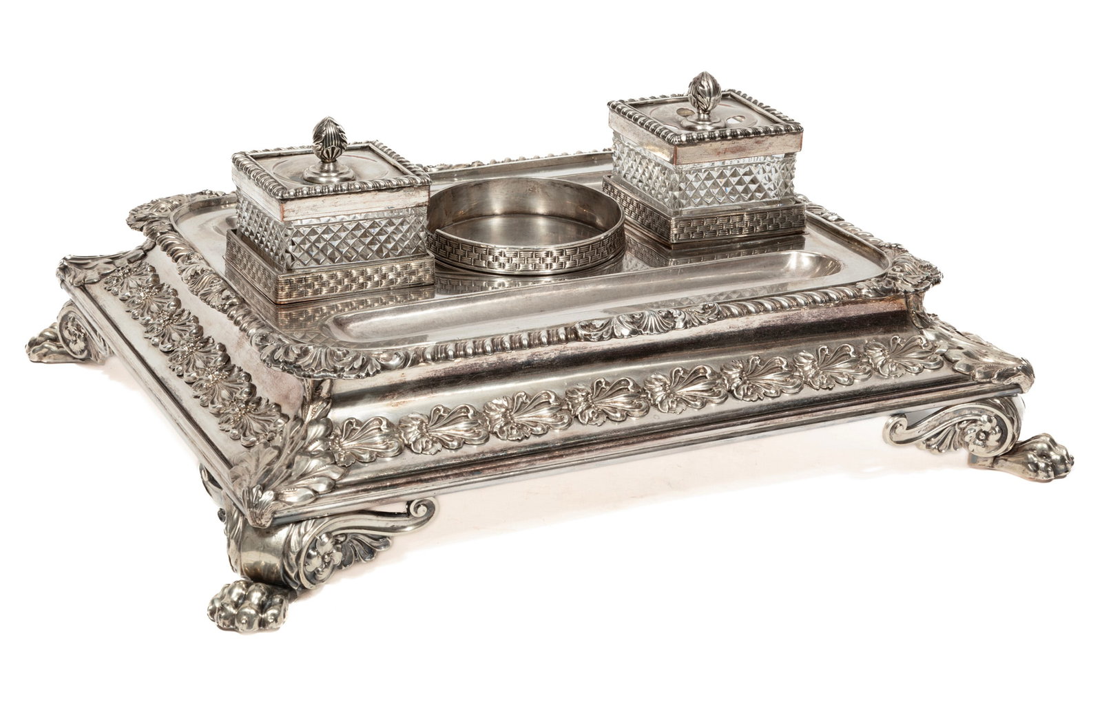 Regency Sheffield Plate Standish: Regency Sheffield Plate Standish, early 19th c., gadroon and shell bordered top fitted with removable basketweave trays with cut glass covered boxes and integral pen trays, stand with palmette