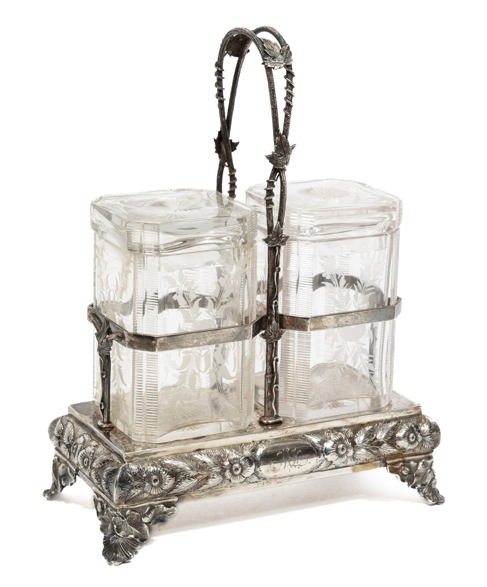 R. & W. Wilson, Philadelphia Coin Silver Cruet Stand: R. & W. Wilson, Philadelphia Coin Silver Cruet Stand, Robert and William Wilson, act. Philadelphia 1825-1846, stand with grape and grapevine handle, base with floral and foliate frieze, monogrammed