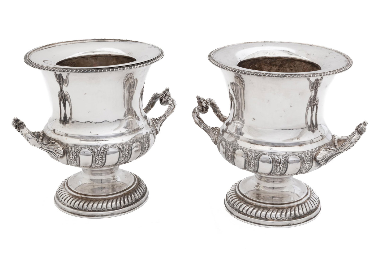 Pair of Matthew Boulton Sheffield Plate Urn-Form Wine Coolers: Pair of Matthew Boulton Sheffield Plate Urn-Form Wine Coolers, double sunburst marks, 19th c., each with removable liner with collar, one cooler and liner marked (3), the other marked "10"; gadroon