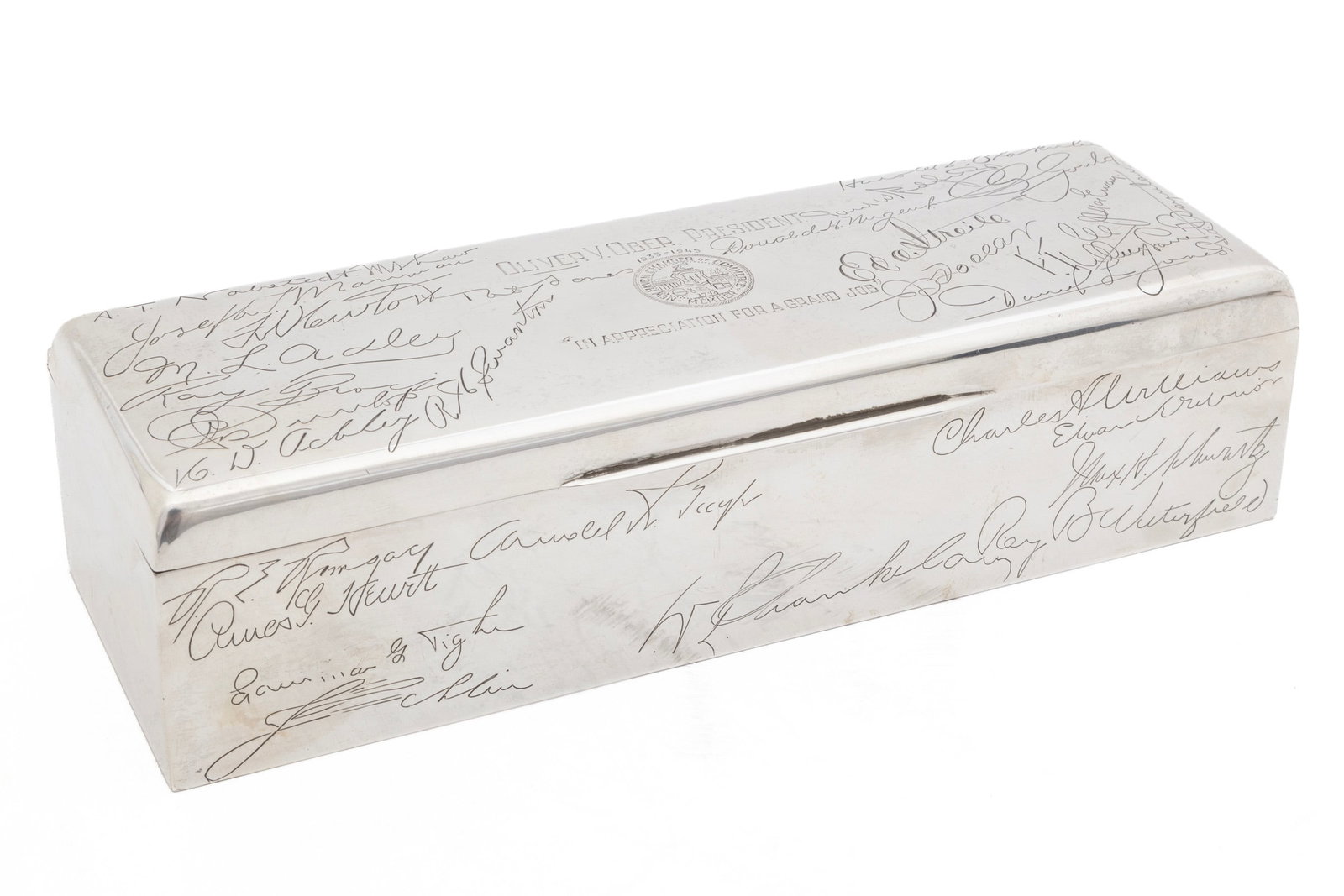 American Sterling Silver Presentation Box: American Sterling Silver Presentation Box, Watrous Mfg. Co., no. 140, extensive 1945 presentation inscription. height 2 1/2 in., width 10 in., depth 3 3/8 in., weight 23.45 troy ozs.