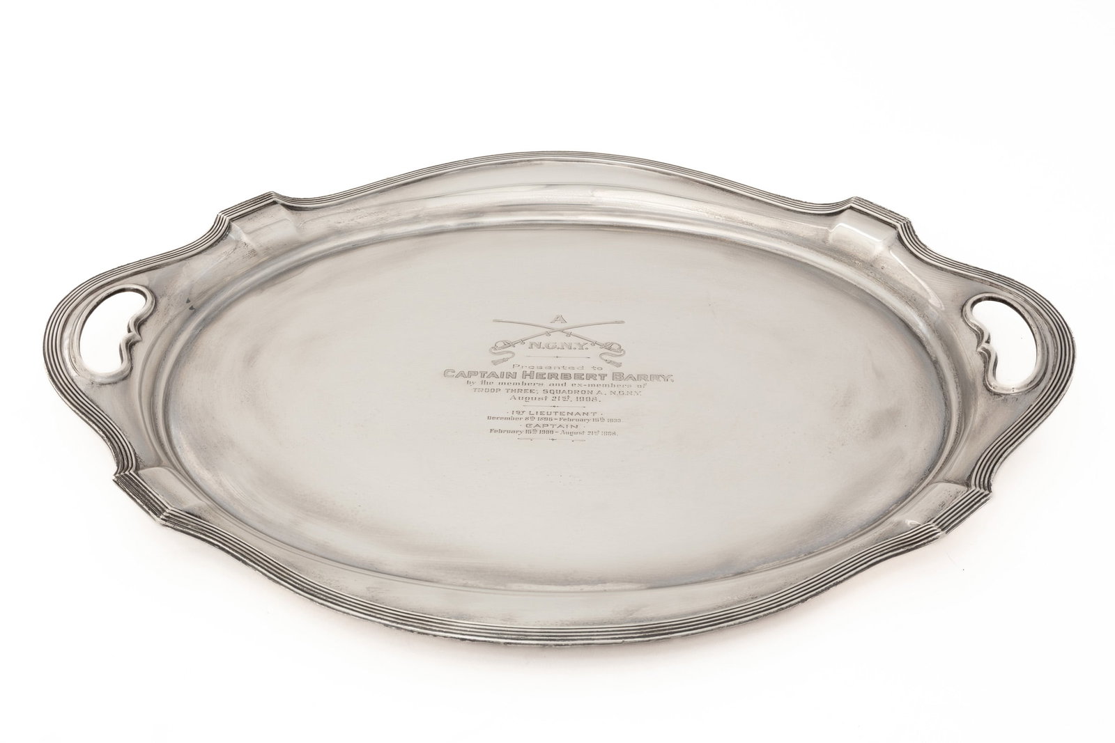 Gorham "Plymouth" Pattern Sterling Silver Oval Tea Tray: Gorham "Plymouth" Pattern Sterling Silver Oval Tea Tray, no. A2786, date mark for 1908, 1908 presentation inscription National Guard of New York, Squadron A to Captain Herbert Barry (1867-1947). Lengt
