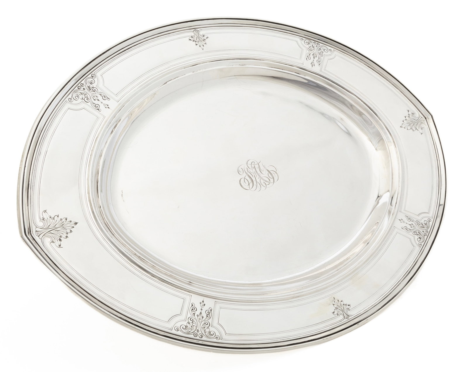 Durgin Sterling Silver Platter: Durgin Sterling Silver Platter, no. 5C, also marked for Grainger-Hannan-Kay Co., oval with molded border, cavetto with flat chased neoclassical decoration, well with script monogram, reverse with 1914