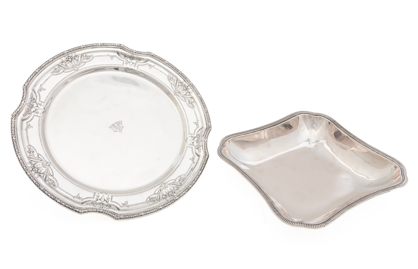 American Sterling Silver Shaped Circular Tray: American Sterling Silver Shaped Circular Tray, marked "Coleman E. Adler/New Orleans, "6547/167" and "STERLING/12 1/2 IN," cast and flat chased neoclassical decoration, handsome monogram to well;