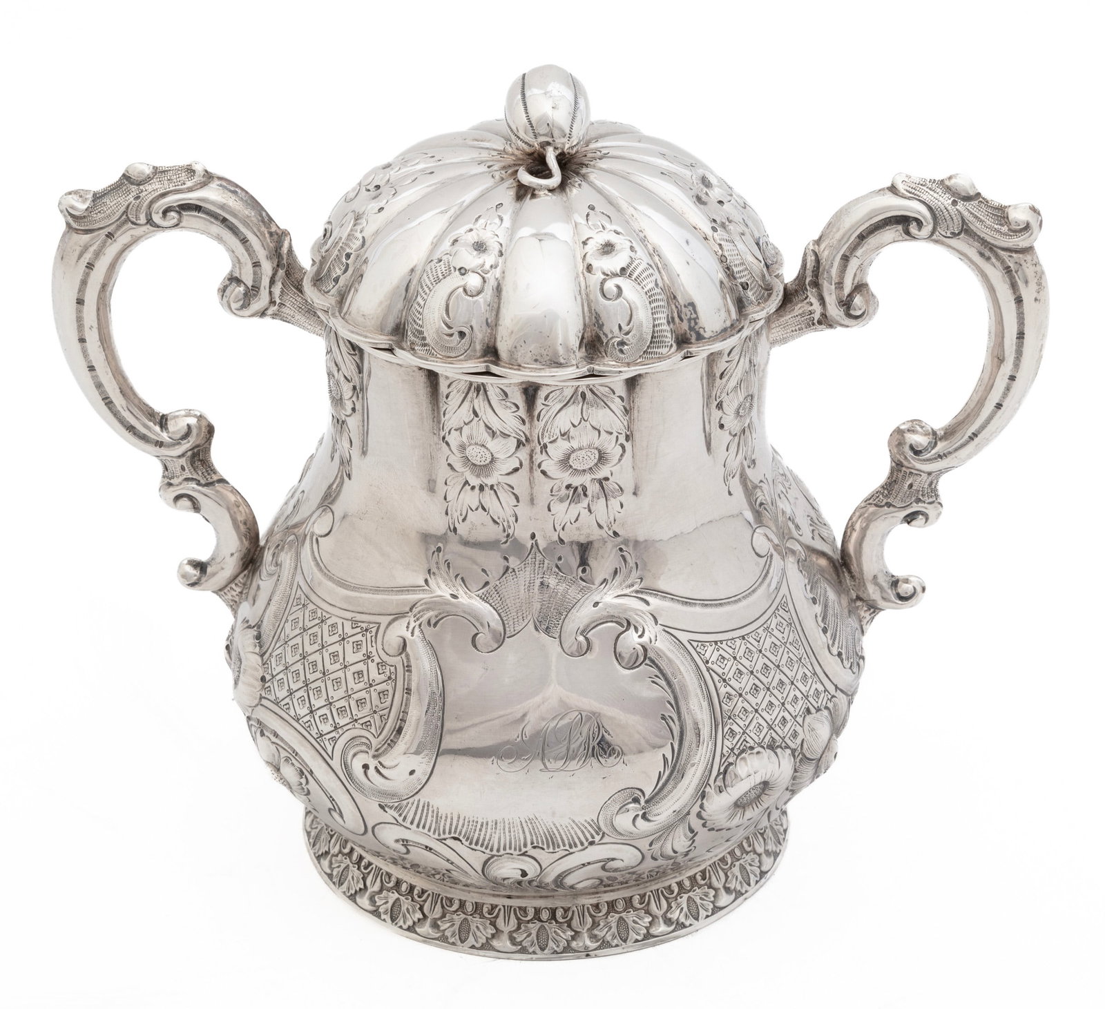 New Orleans Coin Silver Covered Sugar Bowl: New Orleans Coin Silver Covered Sugar Bowl, Kuchler & Himmel (Christopf Christian Kuchler and Adolphe Himmel, partnership active 1852-1853) for Hyde & Goodrich, active 1828-1861), marked "HYDE & GOODR