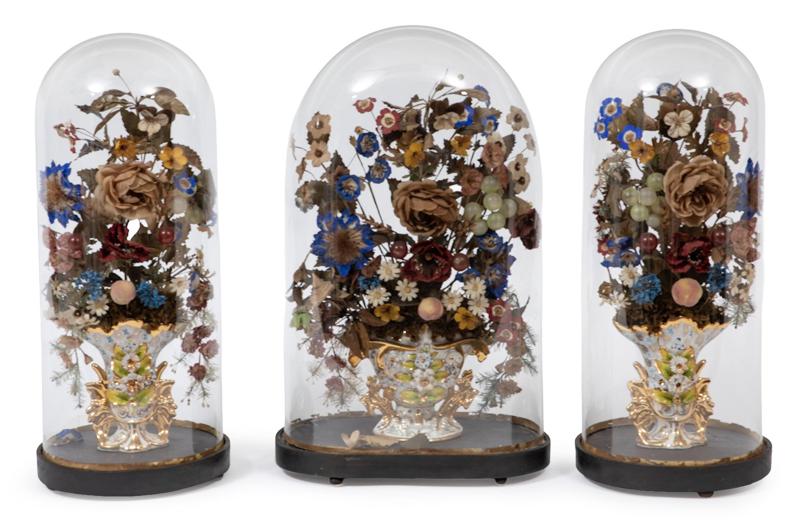 Victorian Three-Piece Paris Porcelain and Floral Parlor Domes (1 of 3)