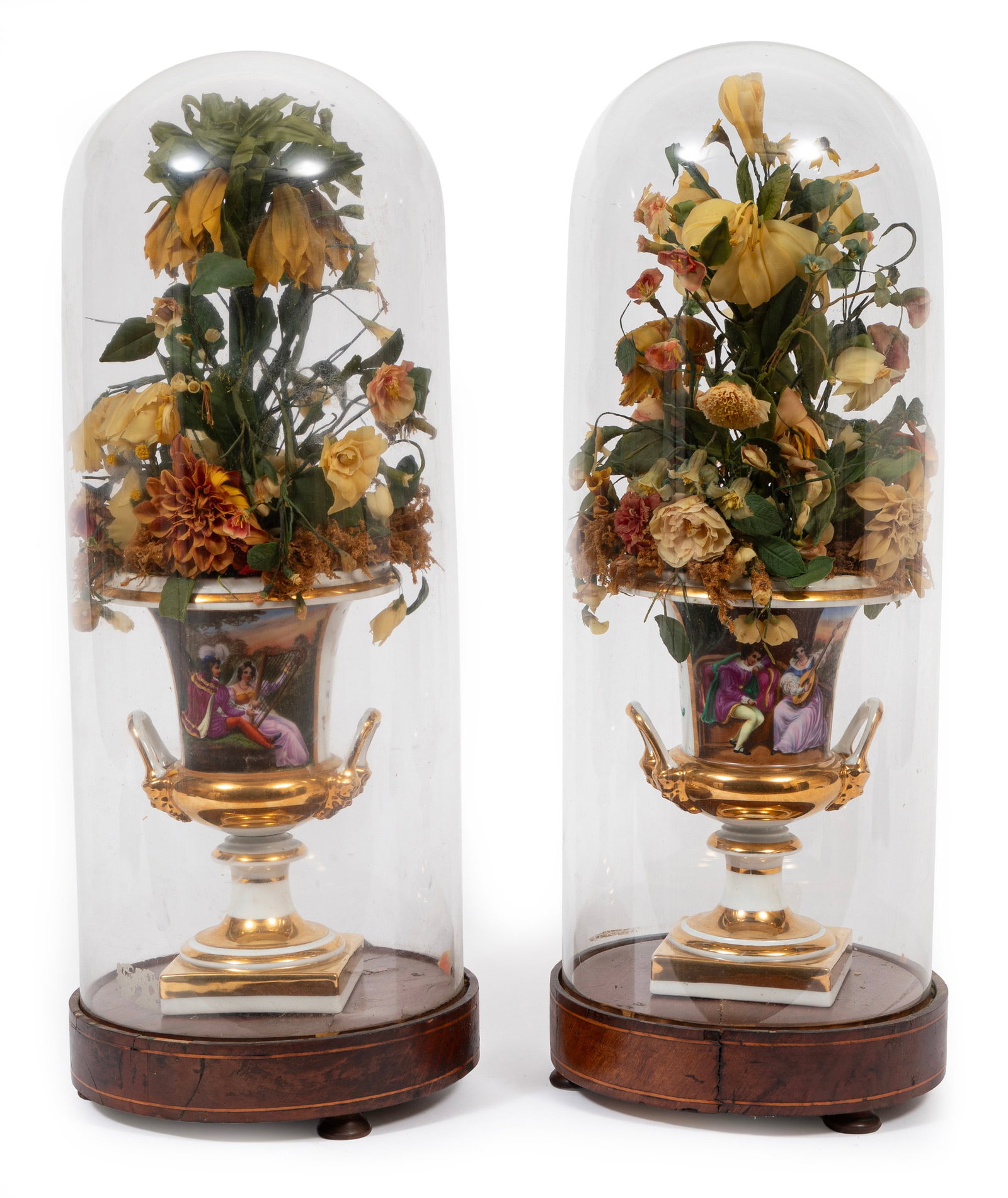 Pair of Victorian Paris Porcelain and Waxwork Floral Parlor Domes (1 of 2)