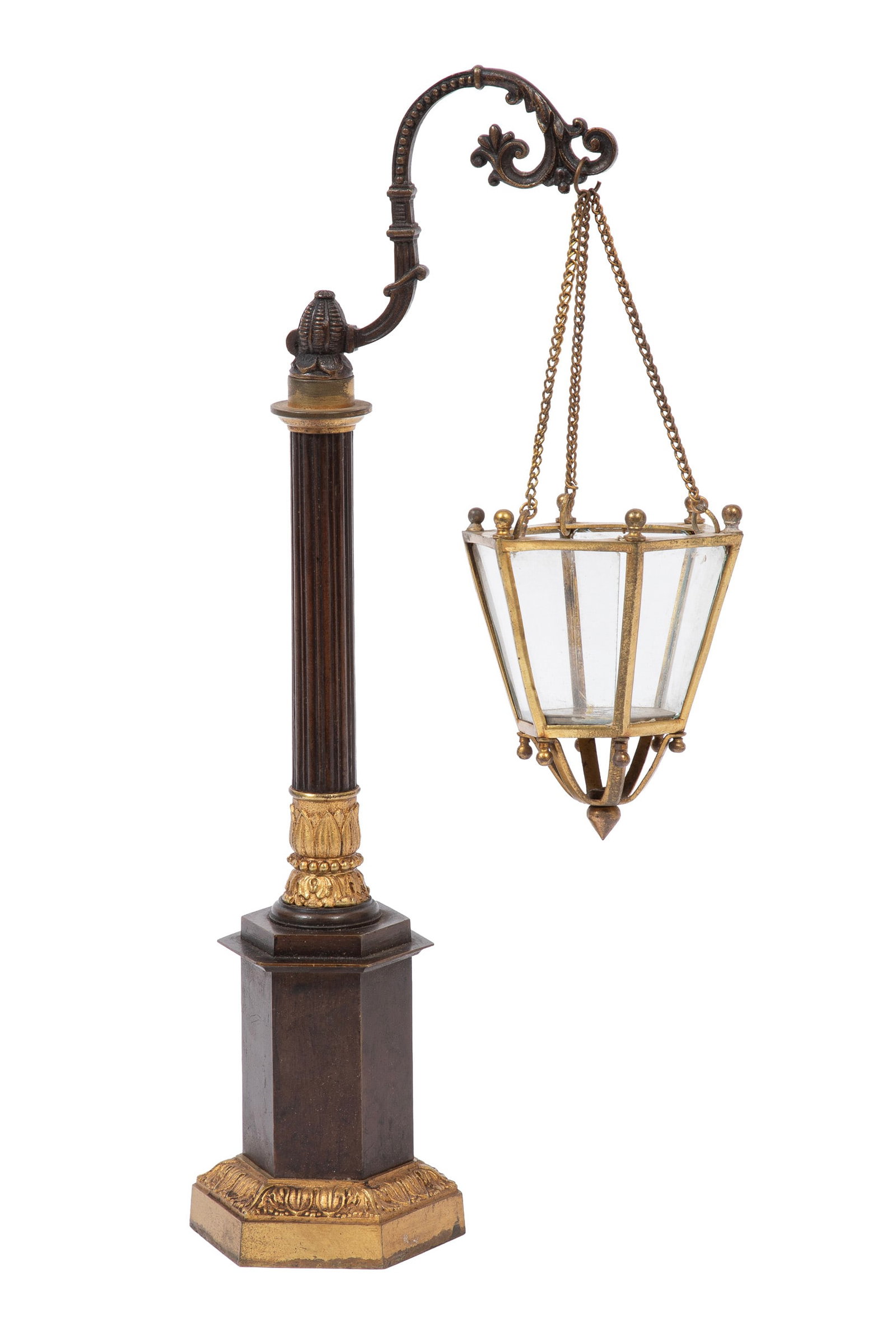 English or Continental Patinated and Gilt Bronze Lamp: English or Continental Patinated and Gilt Bronze Lamp 19th c., columnar standard, octagonal pedestal base, hanging faceted candle cup, h. 14 in. , h. 14 in., w. 6 3/4 in., d. 4 in.