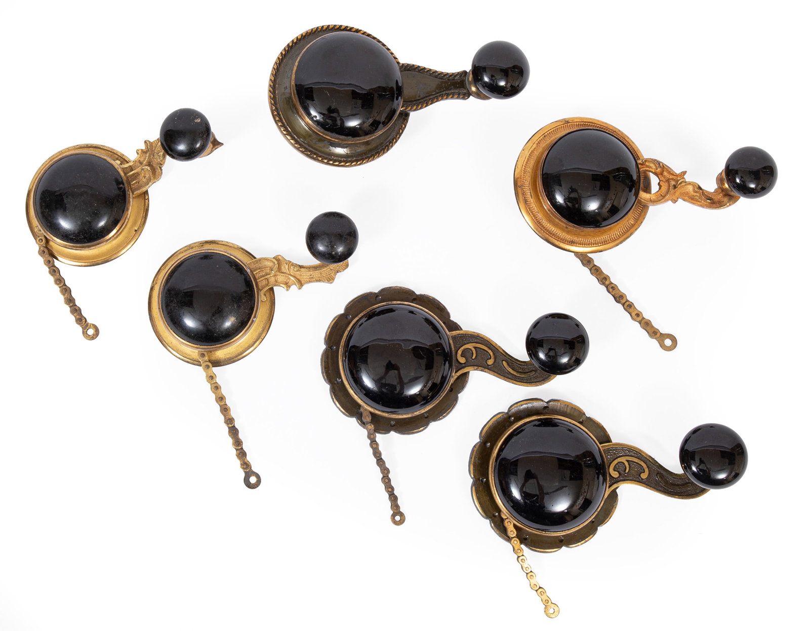 Six Victorian Brass and Porcelain Bell Pulls or Parlour Levers: Six Victorian Brass and Porcelain Bell Pulls or Parlour Levers incl. two pairs, and two others, longest 5 1/2 in.