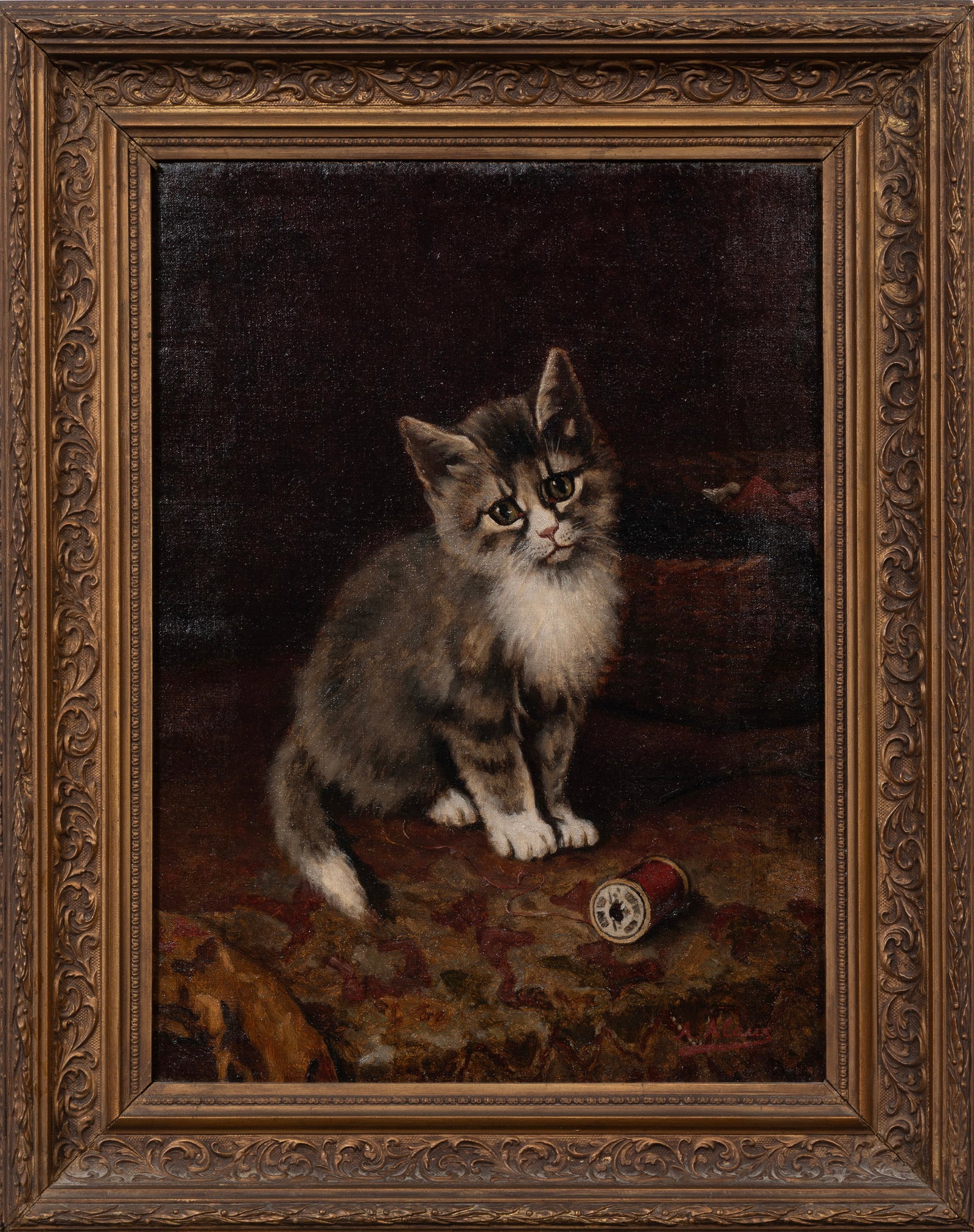 Alexandre Alaux, French/Louisiana 1851-1932, "Kitten with Spool of Thread", oil on canvas (1 of 3)