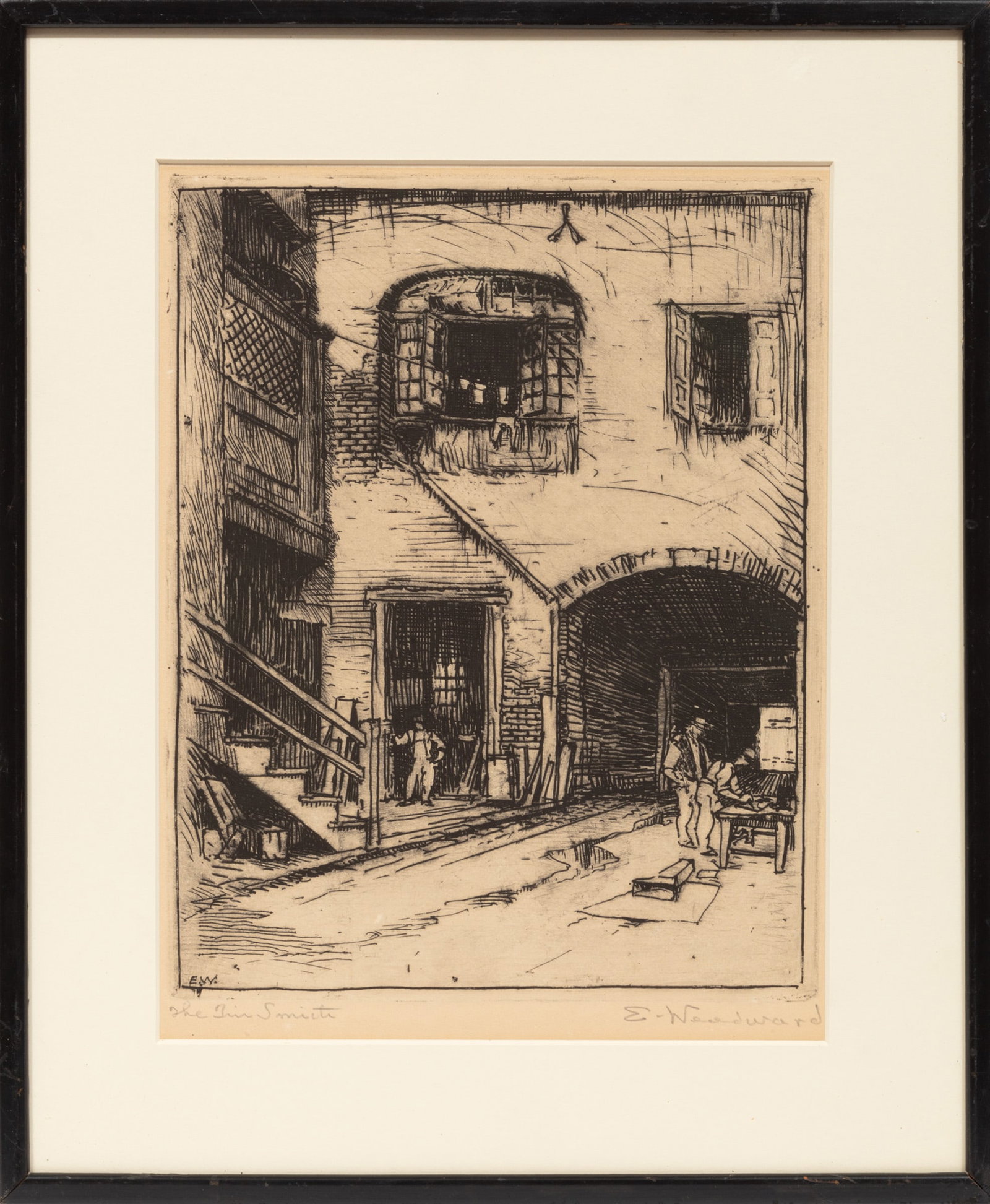 Ellsworth Woodward, American/Louisiana 1861-1939, "The Tin Smith", etching on paper laid on board: Ellsworth Woodward American/Louisiana, 1861-1939 "The Tin Smith" etching on paper laid on board pencil-signed and titled lower margin, initialed in plate lower left, framed. 9 5/8 x 7 1/2 in. (24.4 x 