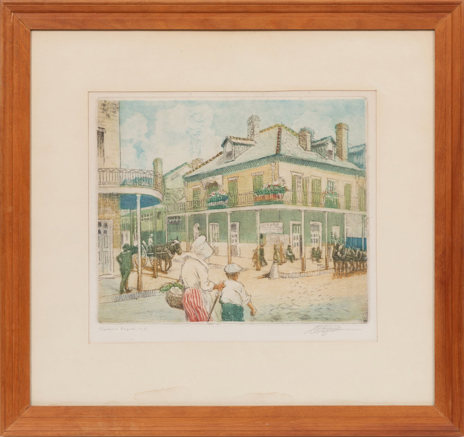 Louis Oscar Griffith, American/Louisiana 1875-1956, "Madame Begues, N.O.", color aquatint on paper: Louis Oscar Griffith American/Louisiana, 1875-1956 "Madame Begues, N.O." color aquatint on paper pencil-signed and titled lower margin, framed. 10 x 12 in. (25.4 x 30.5 cm.), Frame: 18 7/8 x 20 1/4 x 